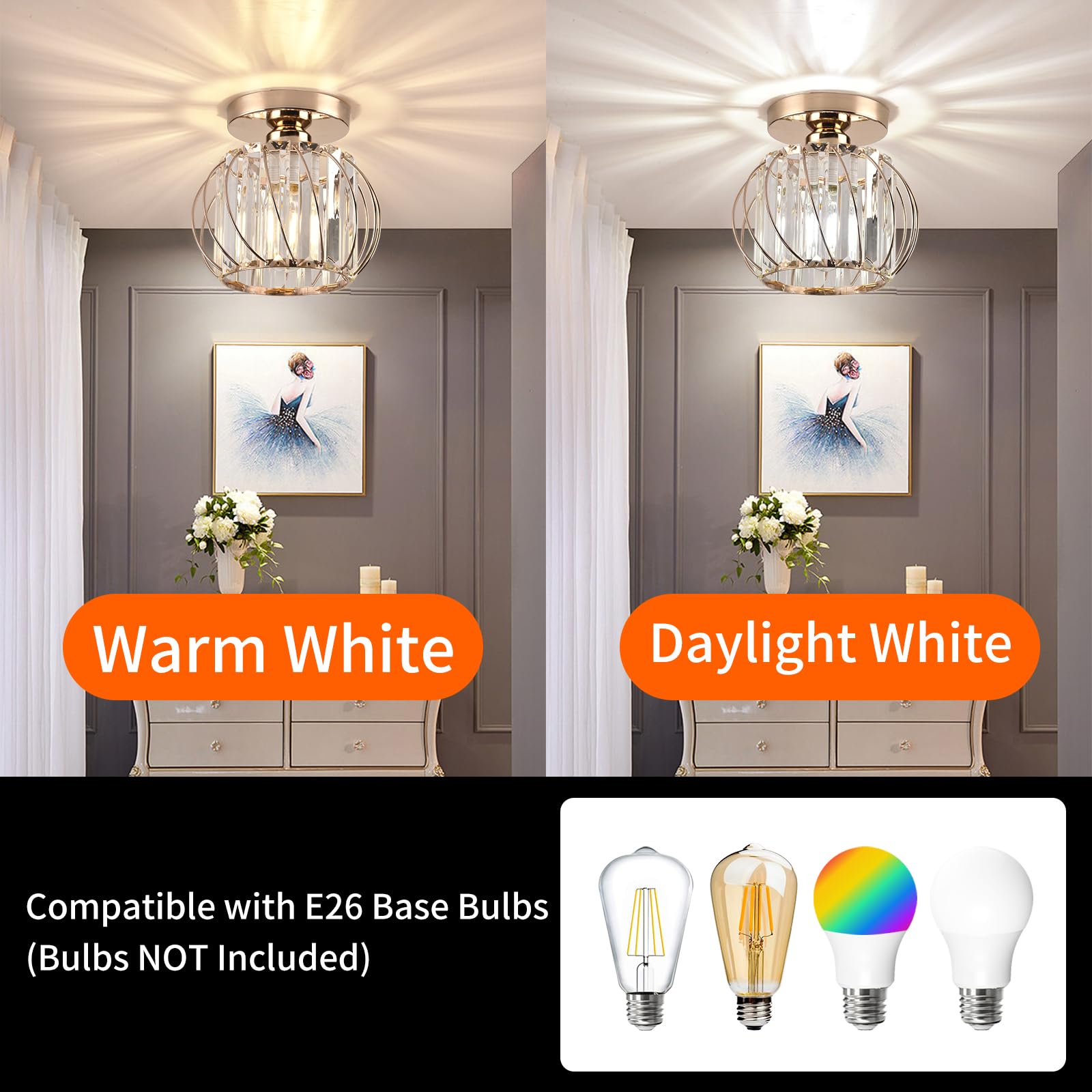 Ztuoyong Crystal Ceiling Light, Crystal Semi Flush Mount Ceiling Light Gold Crystal Chandelier For Kitchen Hallway Entrance Balc