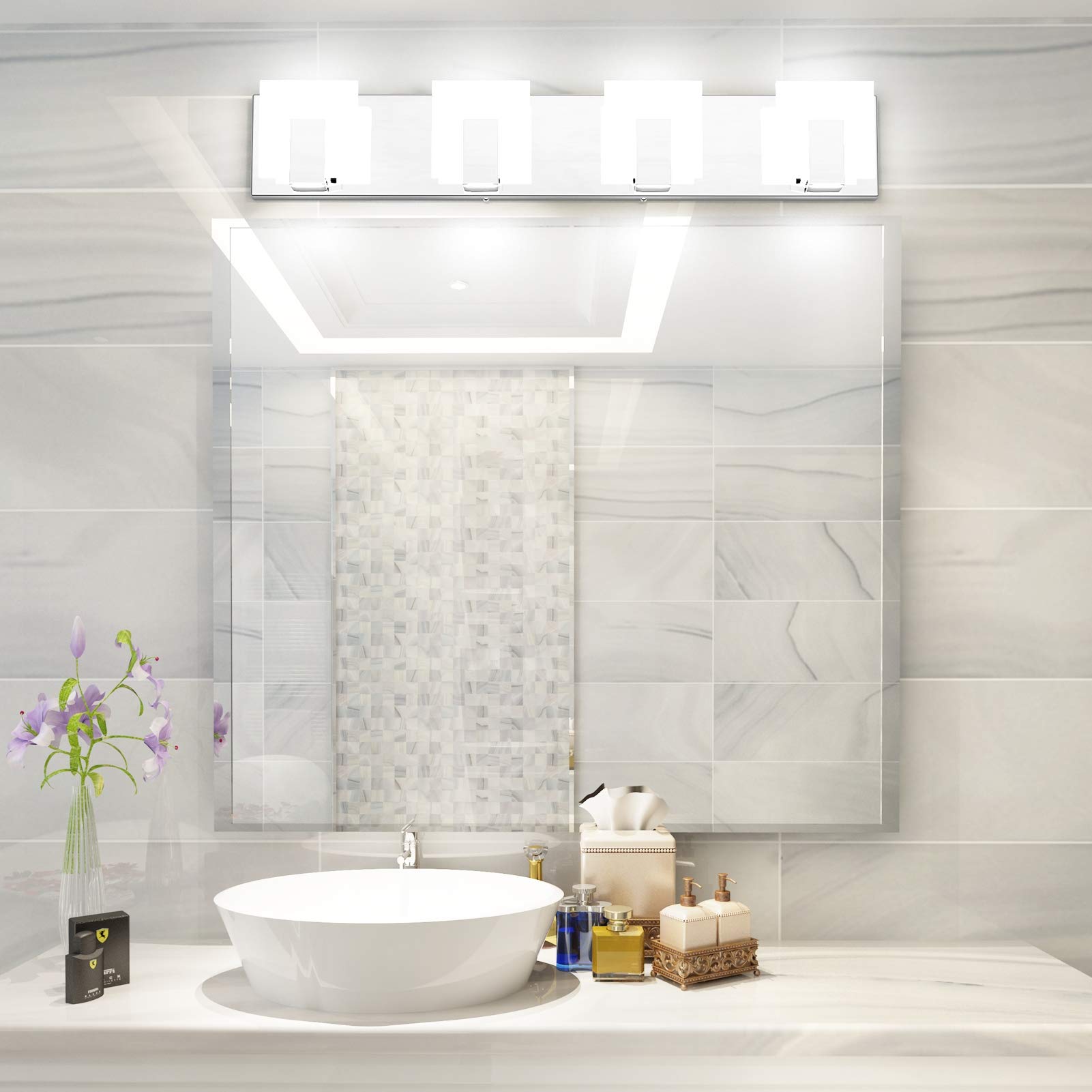 Aipsun Modern Led Bathroom Vanity Light, 4 Lights, Frosted White Acrylic, Chrome Finish, Model Ca-1105-4T, 6000K White Light