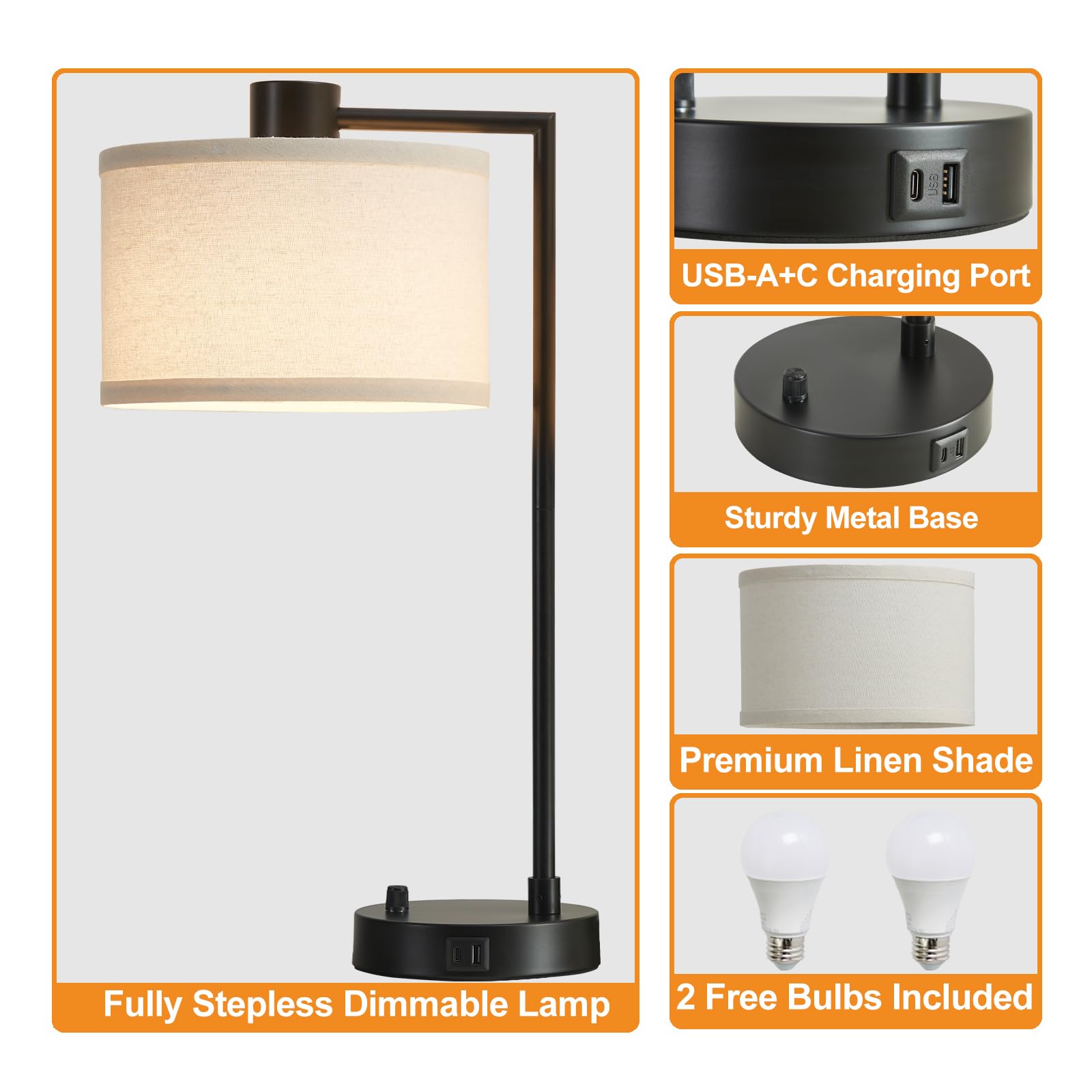 Luvkczc Table Lamp Set of 2 - Fully Dimmable Bedside Lamps with USB Ports, Black, Model 106A, Includes 2 LED Bulbs