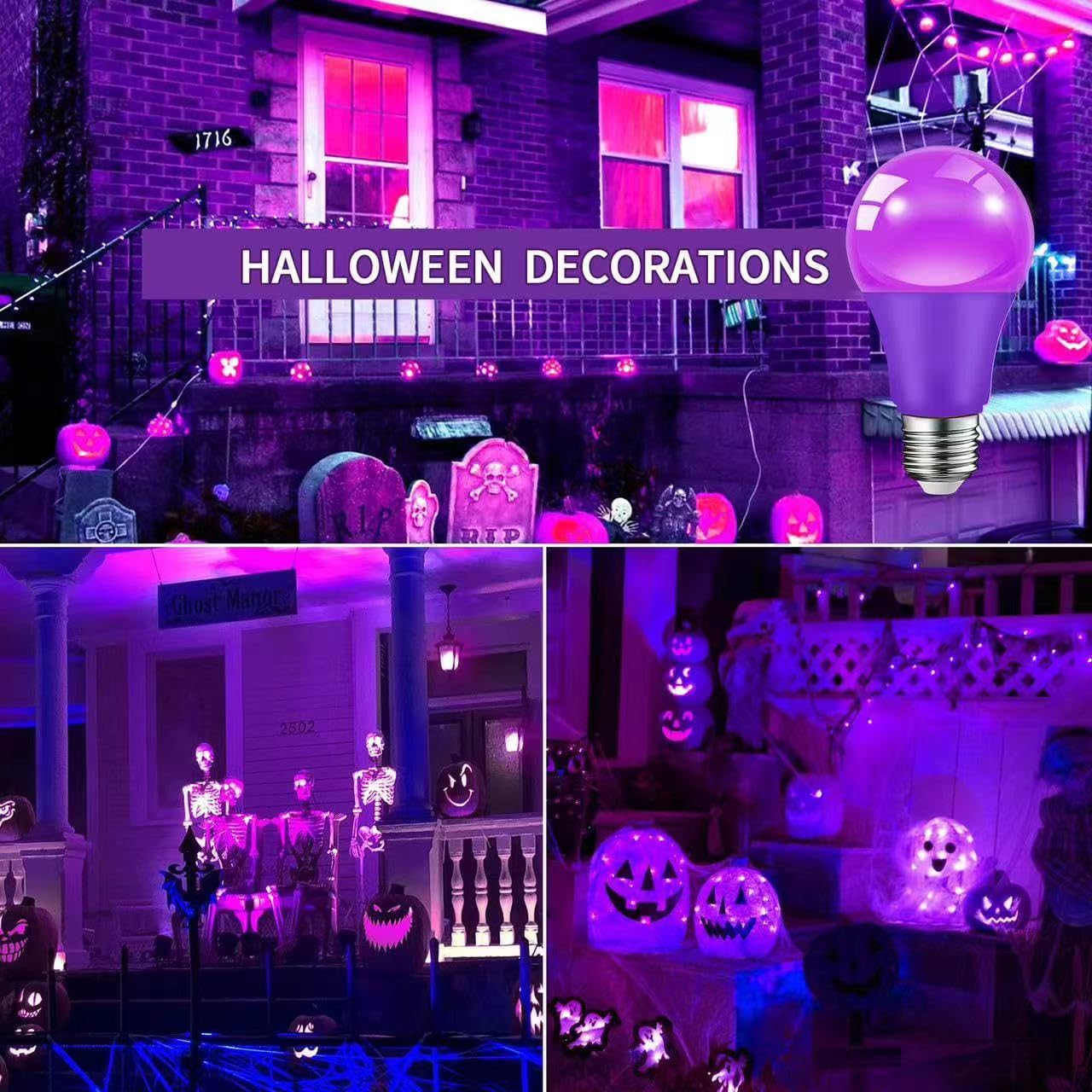 Jaheks Orange Purple Light Bulbs For Halloween Christmas, 9W(60W Equivalent) E26 Base Led Orange Bulb Purple Bulb For Outdoor,Porch,Home Decor (Orange + Purple)