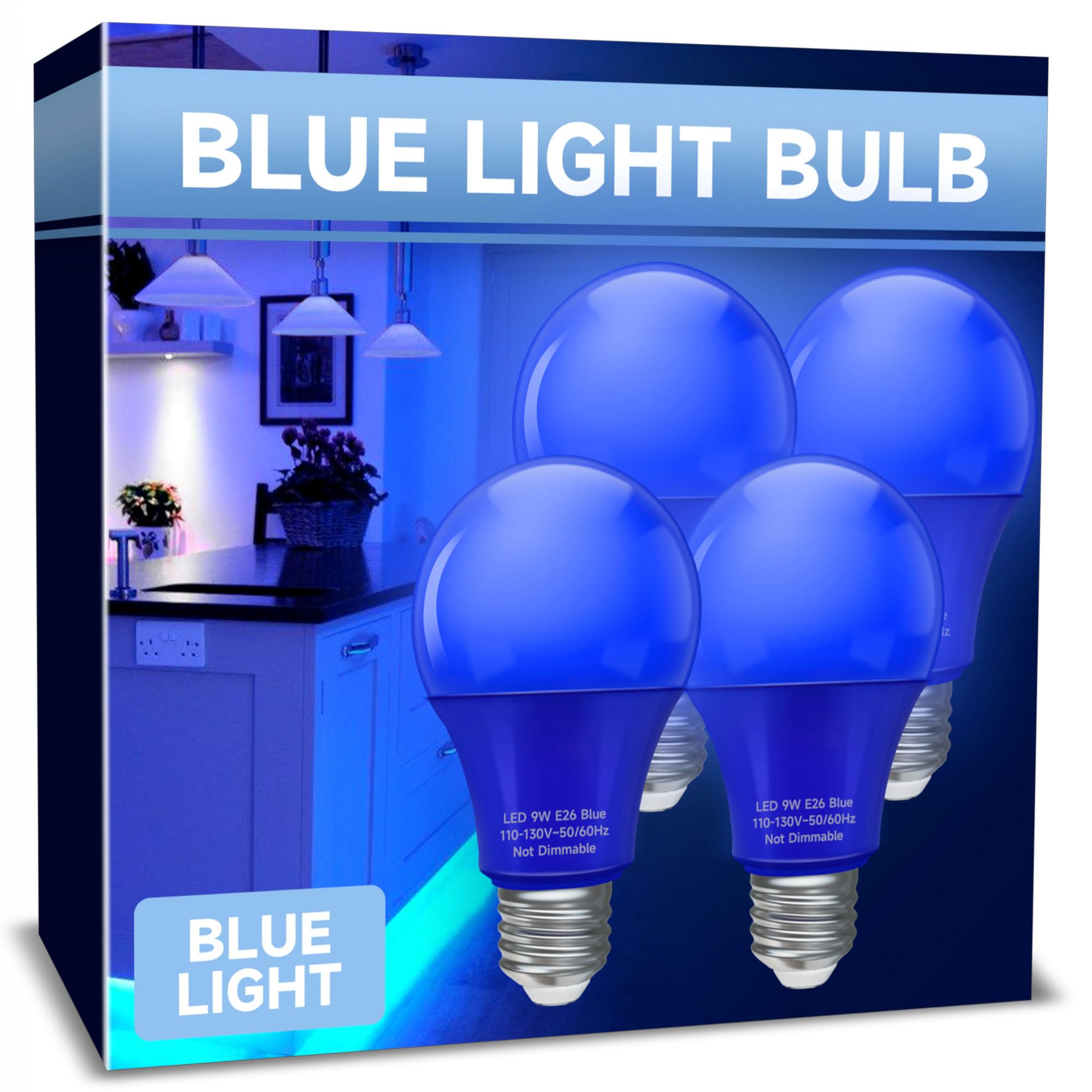UNILAMP LED Blue Light Bulbs, E26, 9W Equivalent, 4 Pack, Holiday Home Lighting, Outdoor Decoration, Model 120VA19BWW9E26