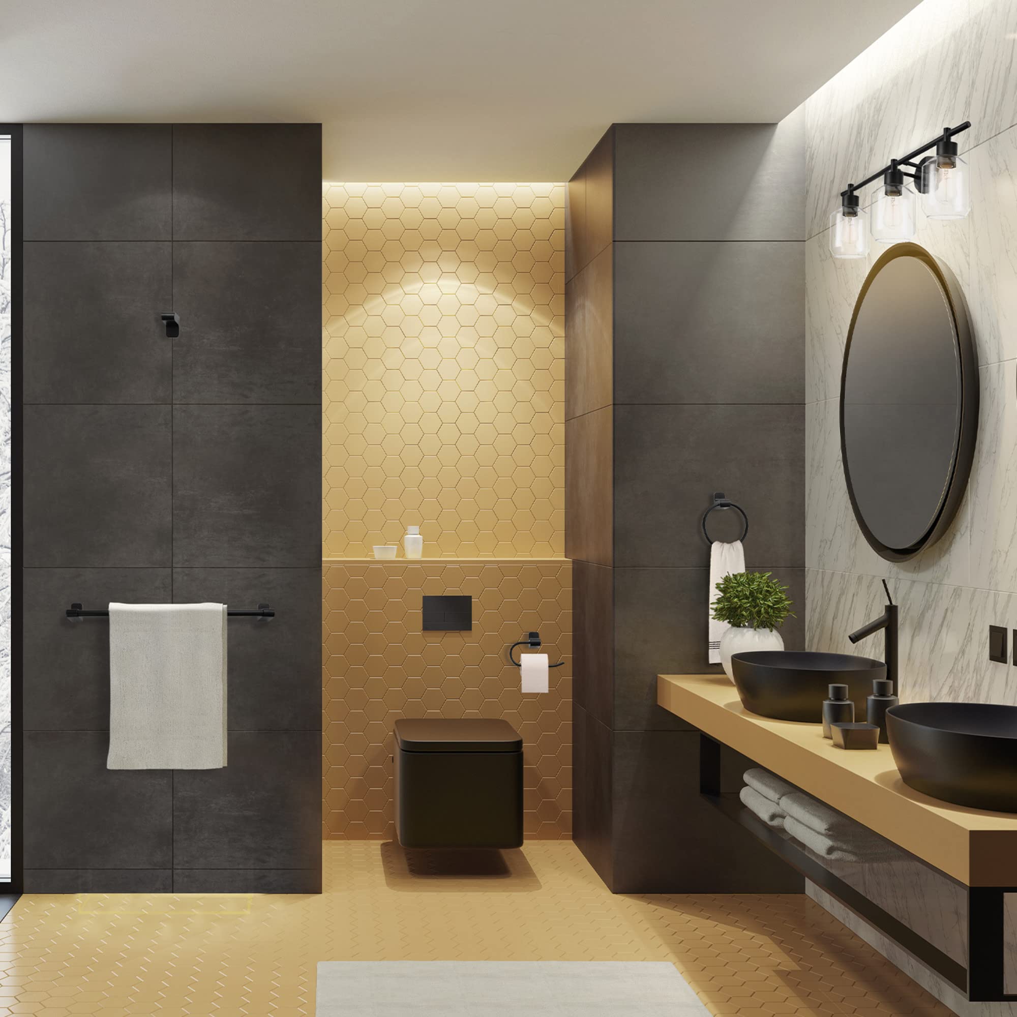 Globe Electric Cannes 5-Piece Bathroom Set, Matte Black, 3-Light Vanity Light, Metal, Model 65556
