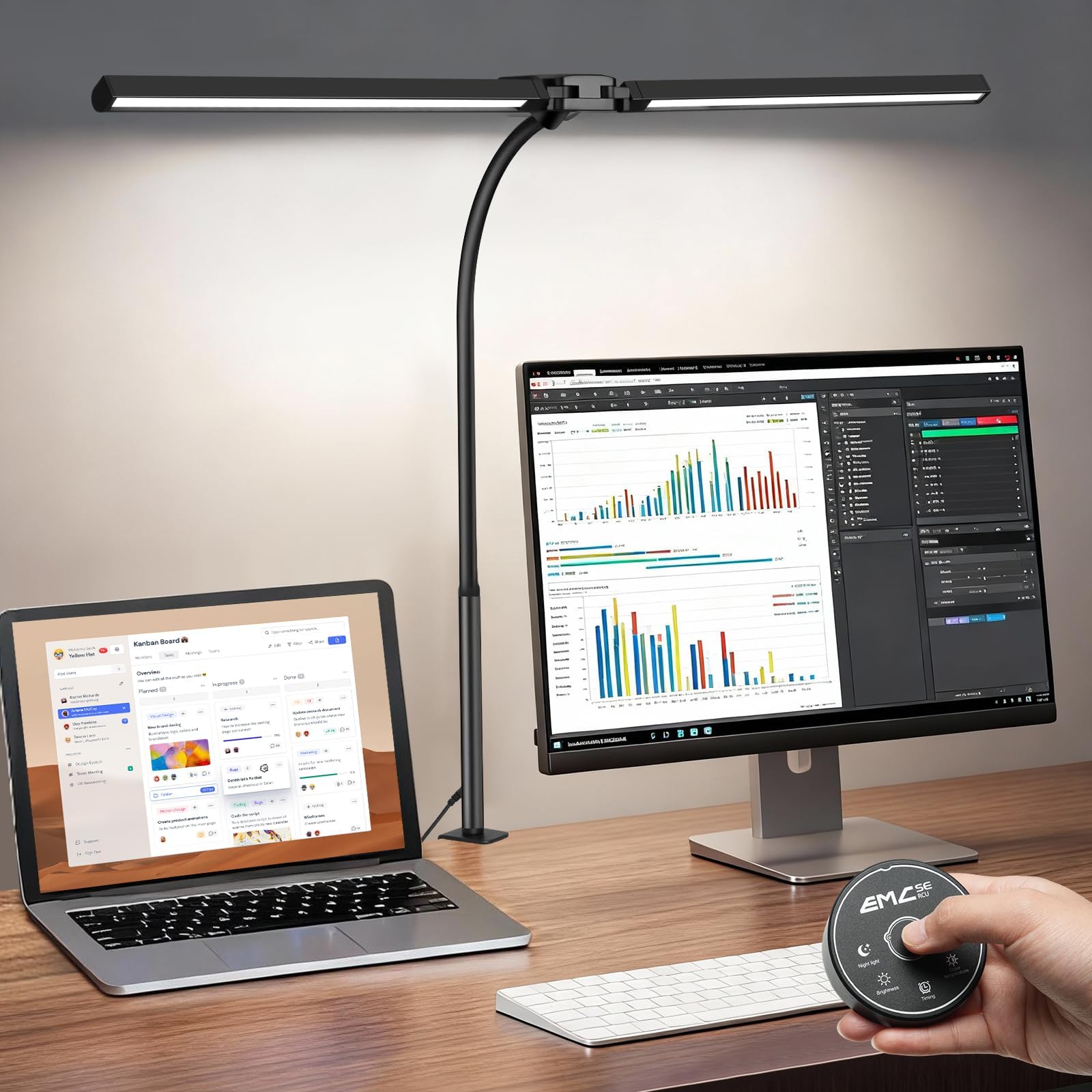 YULINKCO 32.8 Wide Desk Lamp with Clamp for Home Office, Eye-Caring LED Desk Lamp, Dimmable Table Clip Lamp for Dual Screen Co