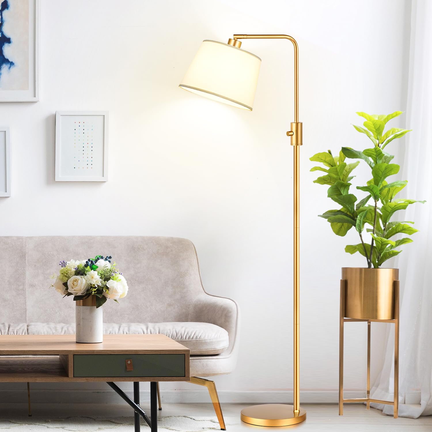 Nintiue Dimmable Floor Lamp, 1000 Lumens LED, Arc Design, Gold-Linen Shade, Model FL16886