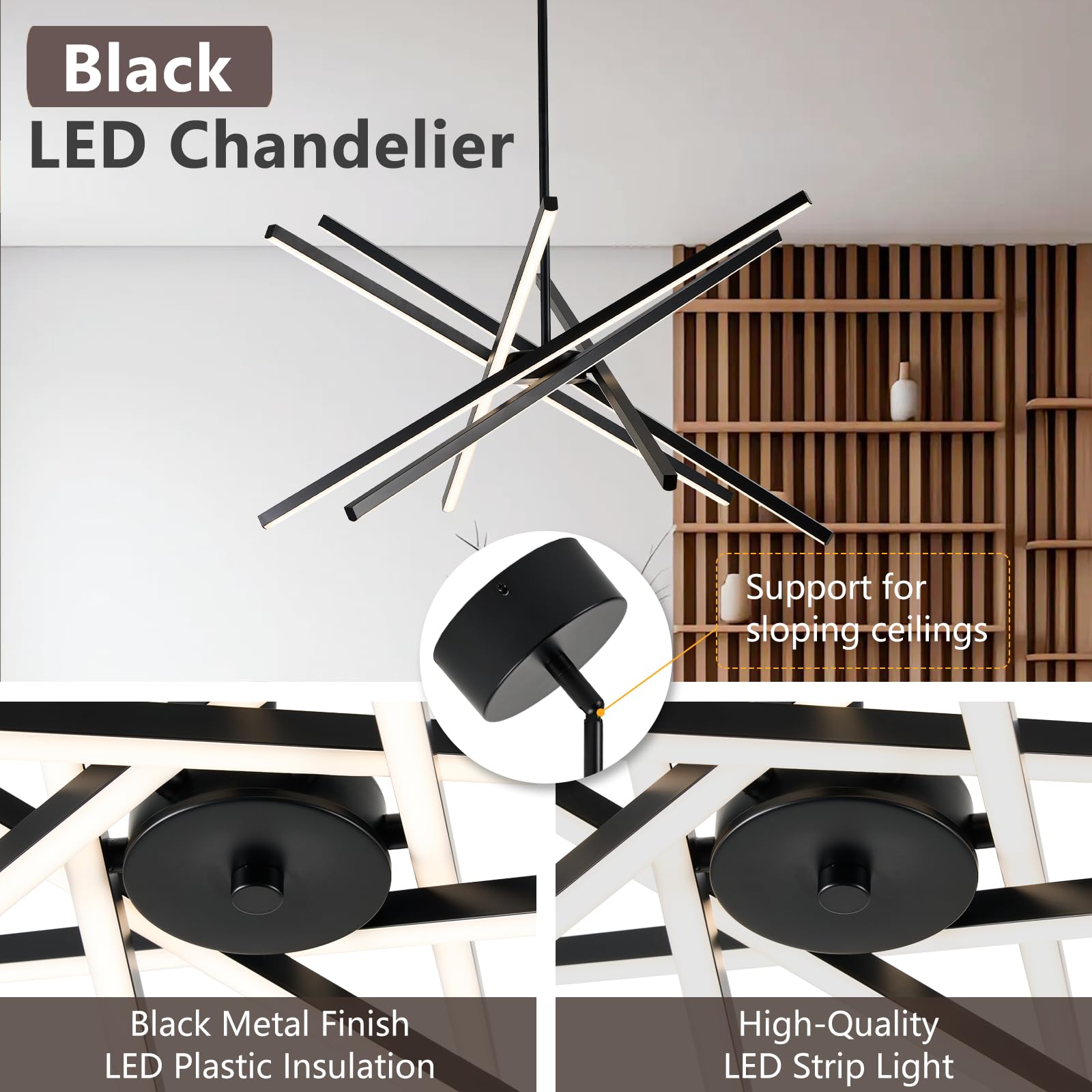 HOGBU Modern Black LED Chandelier - 6-Light Dimmable Sputnik Pendant for Dining Room, Kitchen, 3000K 4500K 6000K, Model G009P-