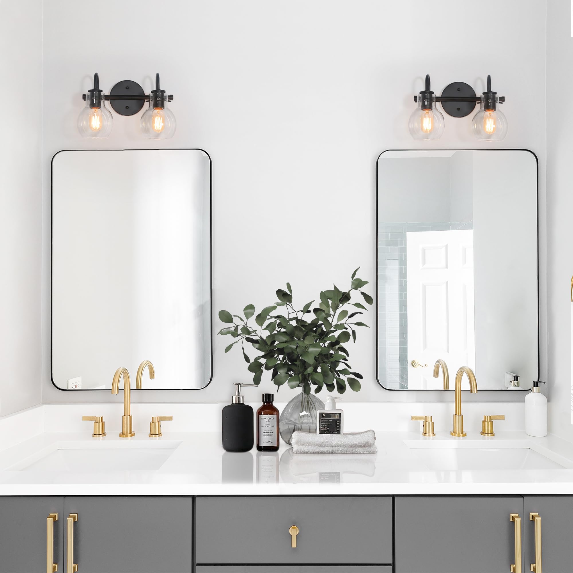 Ksana Black Bathroom Light Fixtures, 2-Light Modern Farmhouse Black Vanity Lights With Clear Glass Shade Over Mirror For Hallway