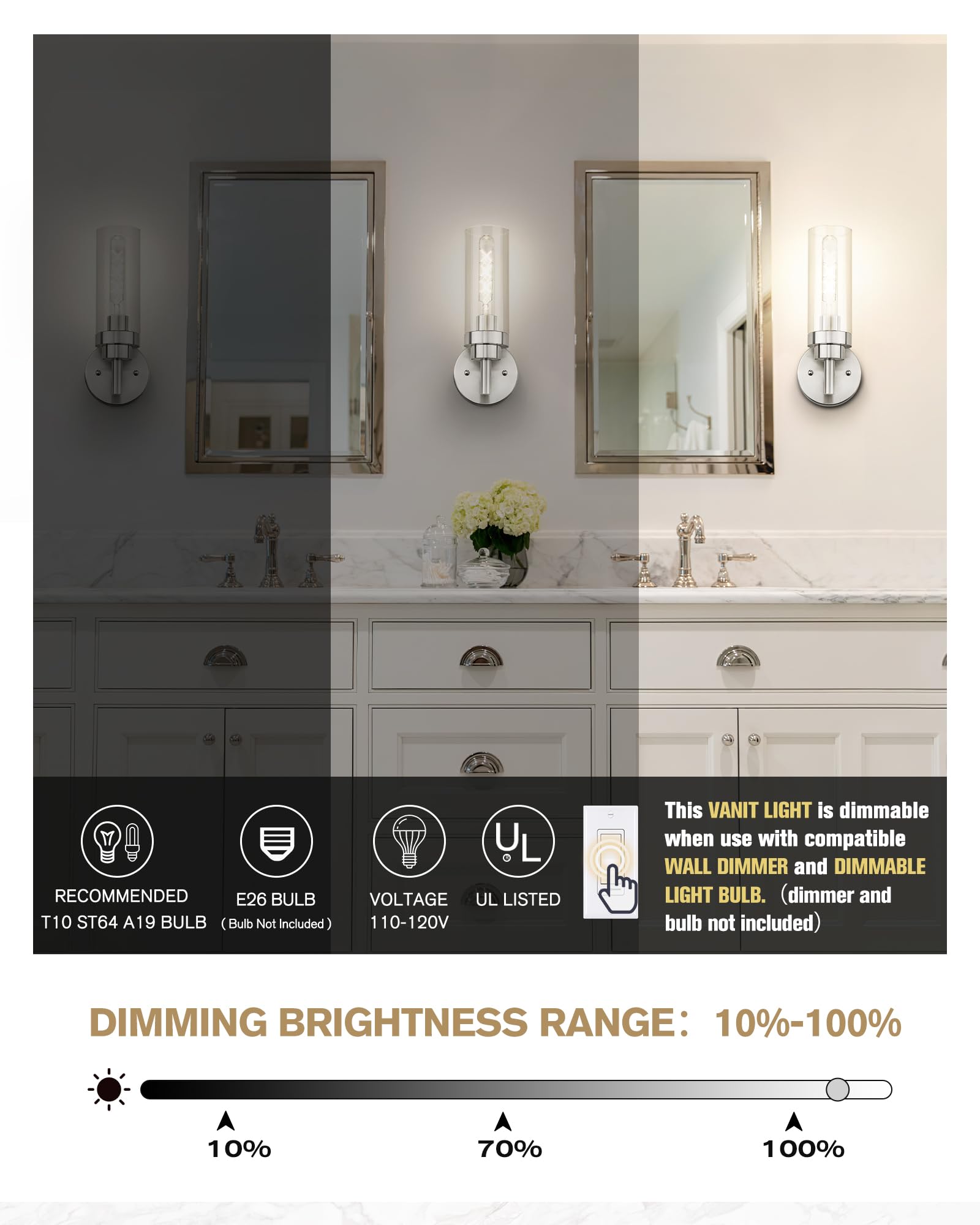 Emak Modern Wall Lights, Brushed Nickel Wall Sconces Set Of 2, Bathroom Vanity Light With Clear Glass Shade For Bathroom, Bedroo