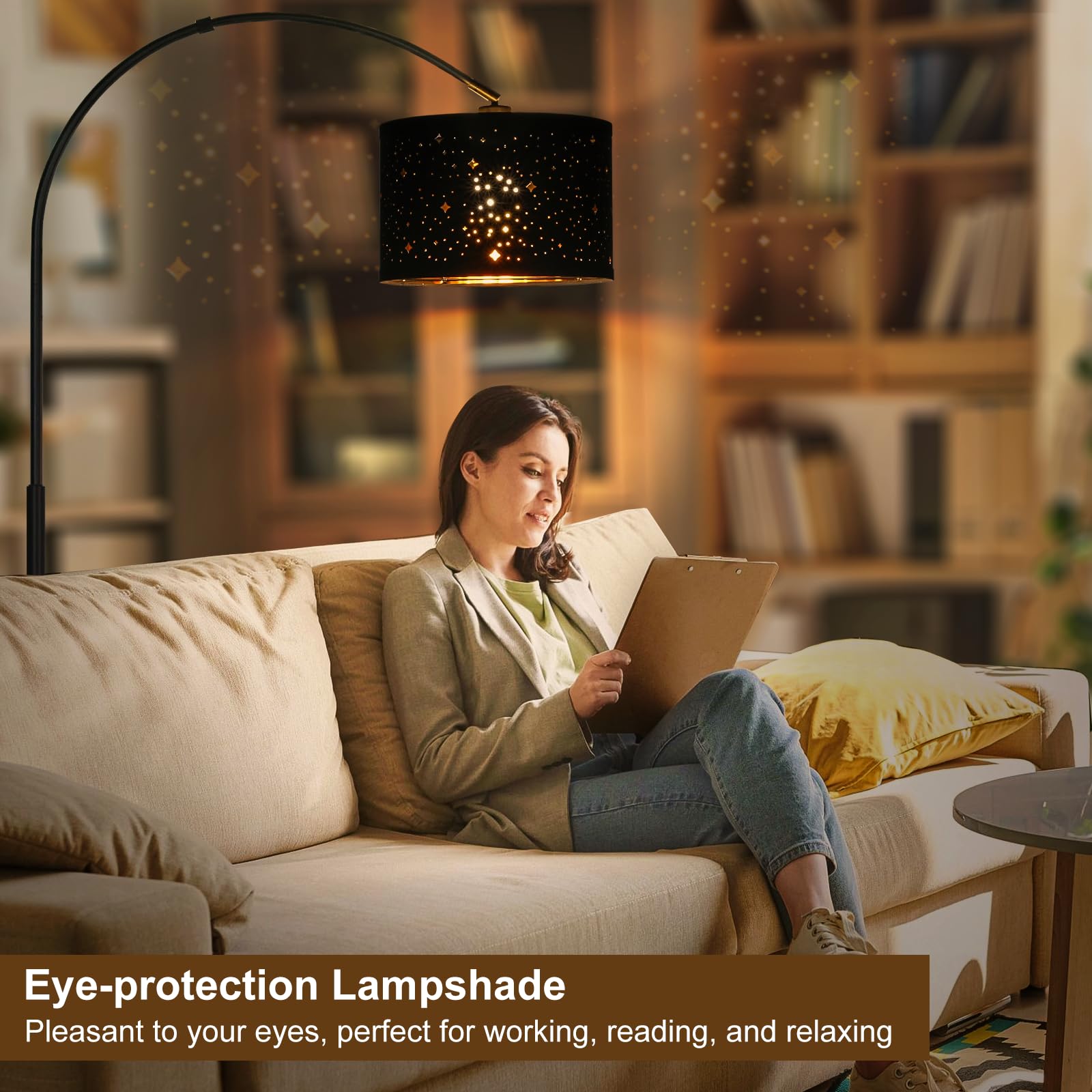 Modern Arc Floor Lamp, Tall Pole Lamp With Black Stars Lampshade, Arched Reading Light With Adjustable Lamp Head, Over Couch Han