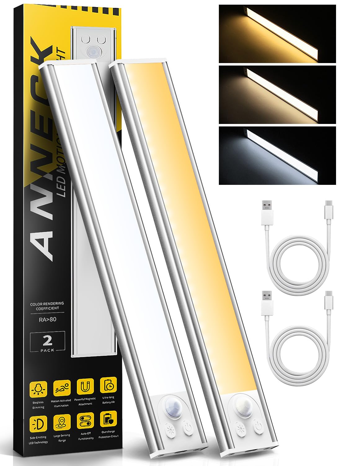 10'' Under Cabinet Lighting Lights,3Colors 40-LED Rechargeable Motion Sensor Light Indoor,2pcs Dimmable Closet Light 0.35'' Ultr