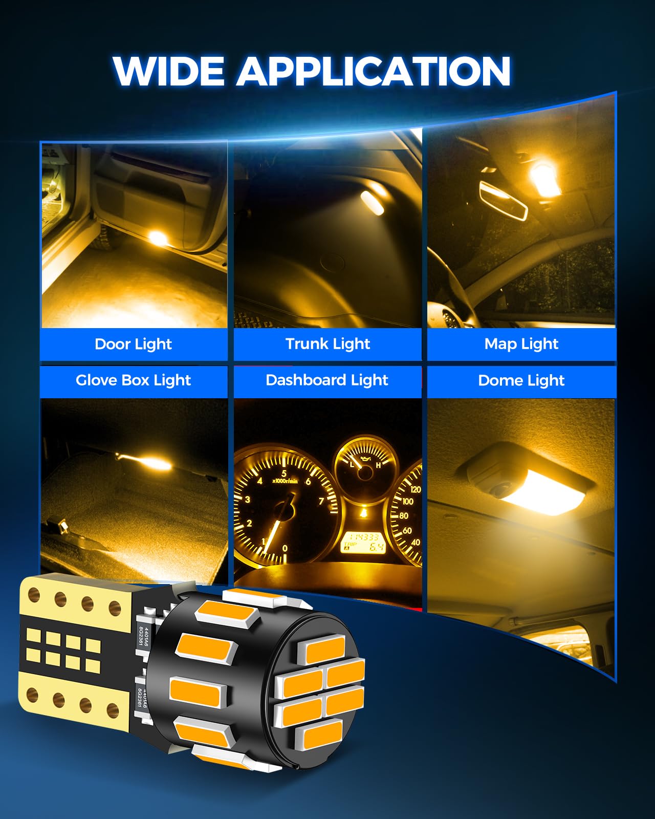 Marsauto 194 LED Bulb Amber Yellow, Super Bright T10 Wedge Replacement for Dome Map Light, Pack of 10