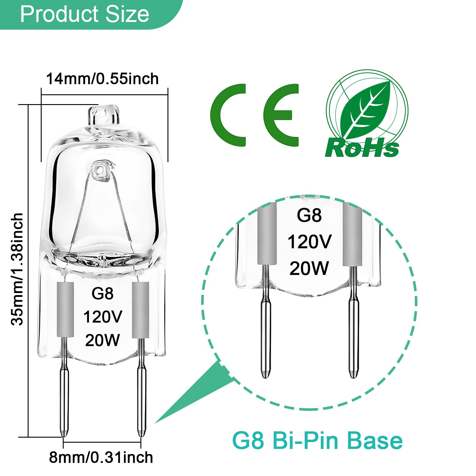 Taiyaloo G8 Halogen Light Bulbs 20W Dimmable 120V G8 Base 2Pin Xenon Bulb (20 Pack) T4 Jcd Type Warm White Under Cabinet Puck Lighting Replacements