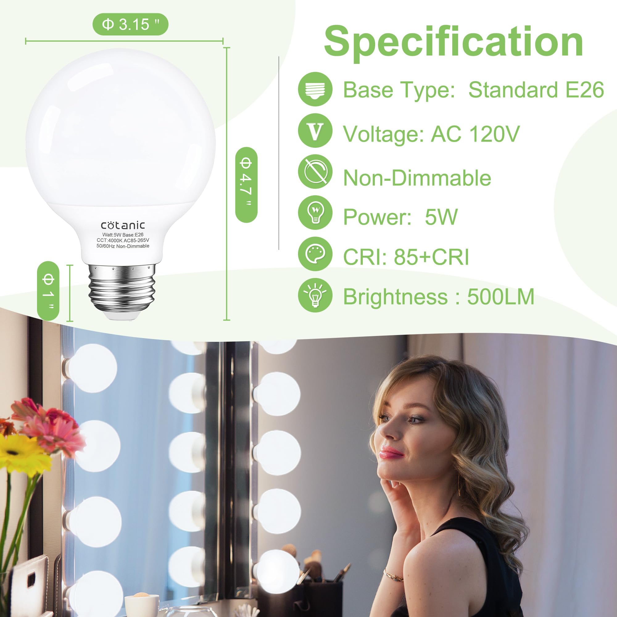 Cotanic G25 Led Globe Light Bulbs,E26 Standard Base,5W,60 Watt Incandescent Equivalent,500Lm,Non-Dimmable, 12 Pack Vanity Light