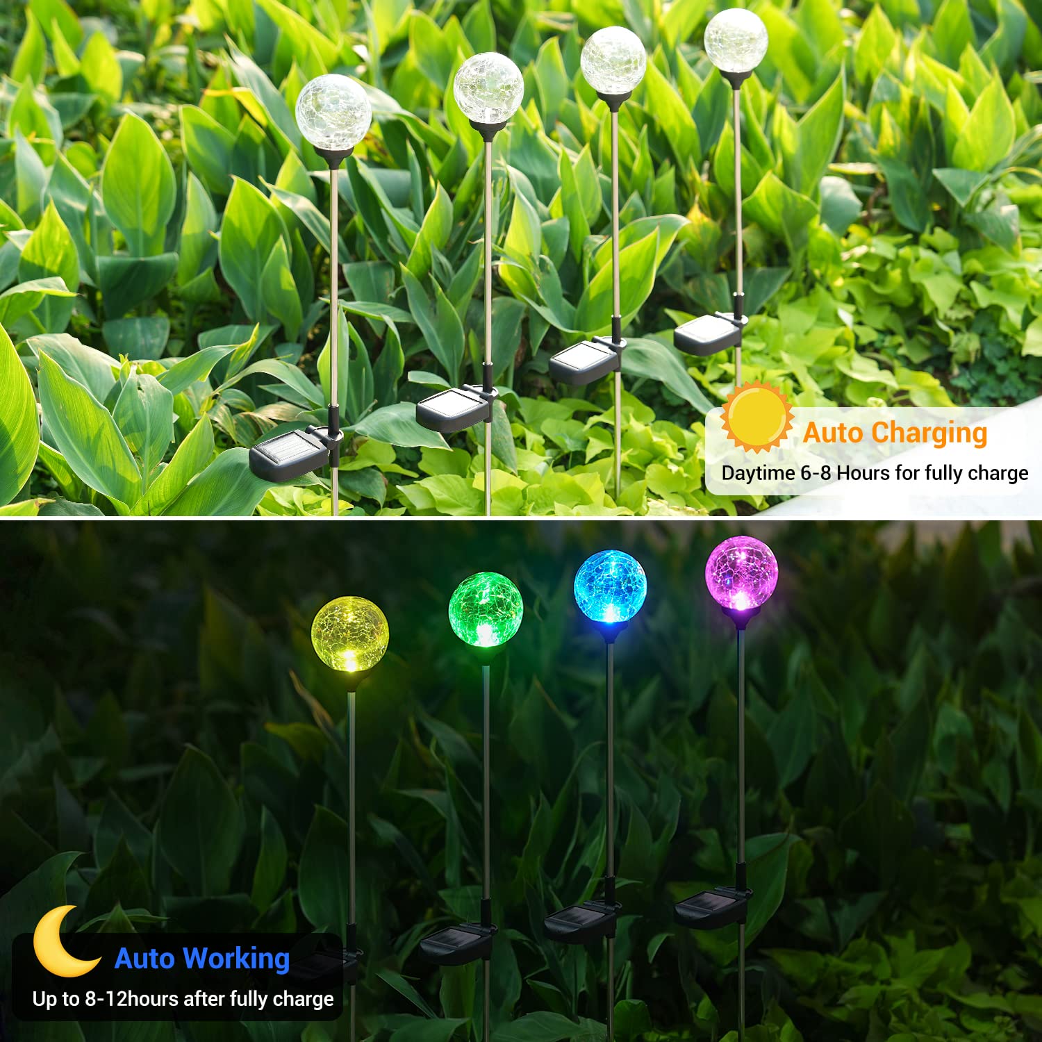 Crystal Cracked Glass LED Garden Globe Light - 6 Pack Color-Changing Solar Stake Ball Light Auto On/Off, Perfect for Landscape,