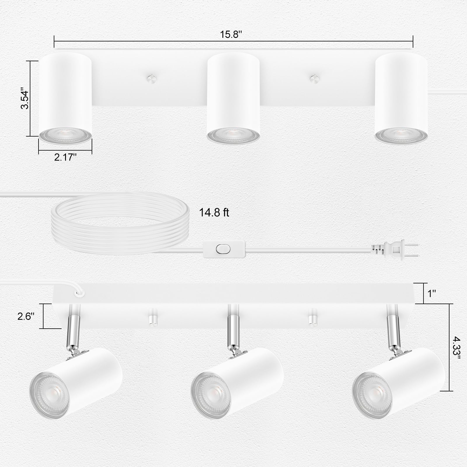 Auquee 3 Light Track Lighting Kit,White 3 Way Flexible Plug In Ceiling Spotlight,Industrial Led Wall Light For Kitchen Cabinet G