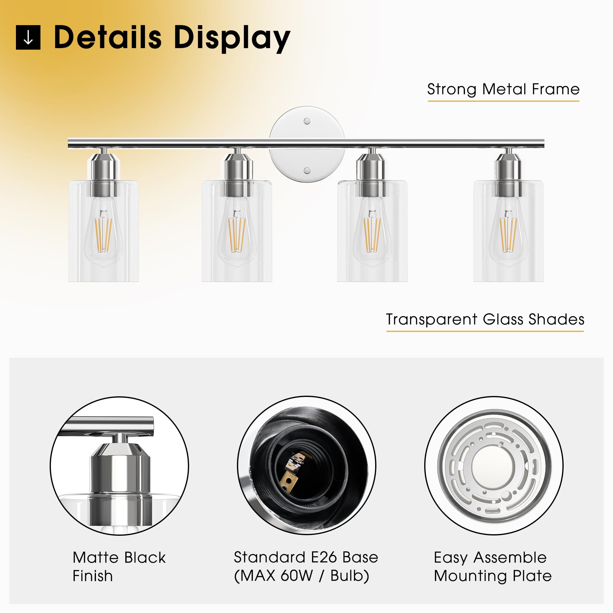 Espird Bathroom Vanity Light Fixtures - 4 Lights Polished Chrome Metal Sconces with Cylinder Glass Shade, Model L01-4-GE