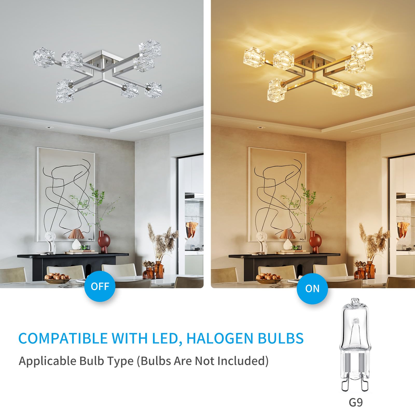 Xingqi 8-Lights Semi Flush Mount Ceiling Light Fixture, Modern Chandelier Brushed Nickel Lighting Fixtures Sputnik Chandeliers F