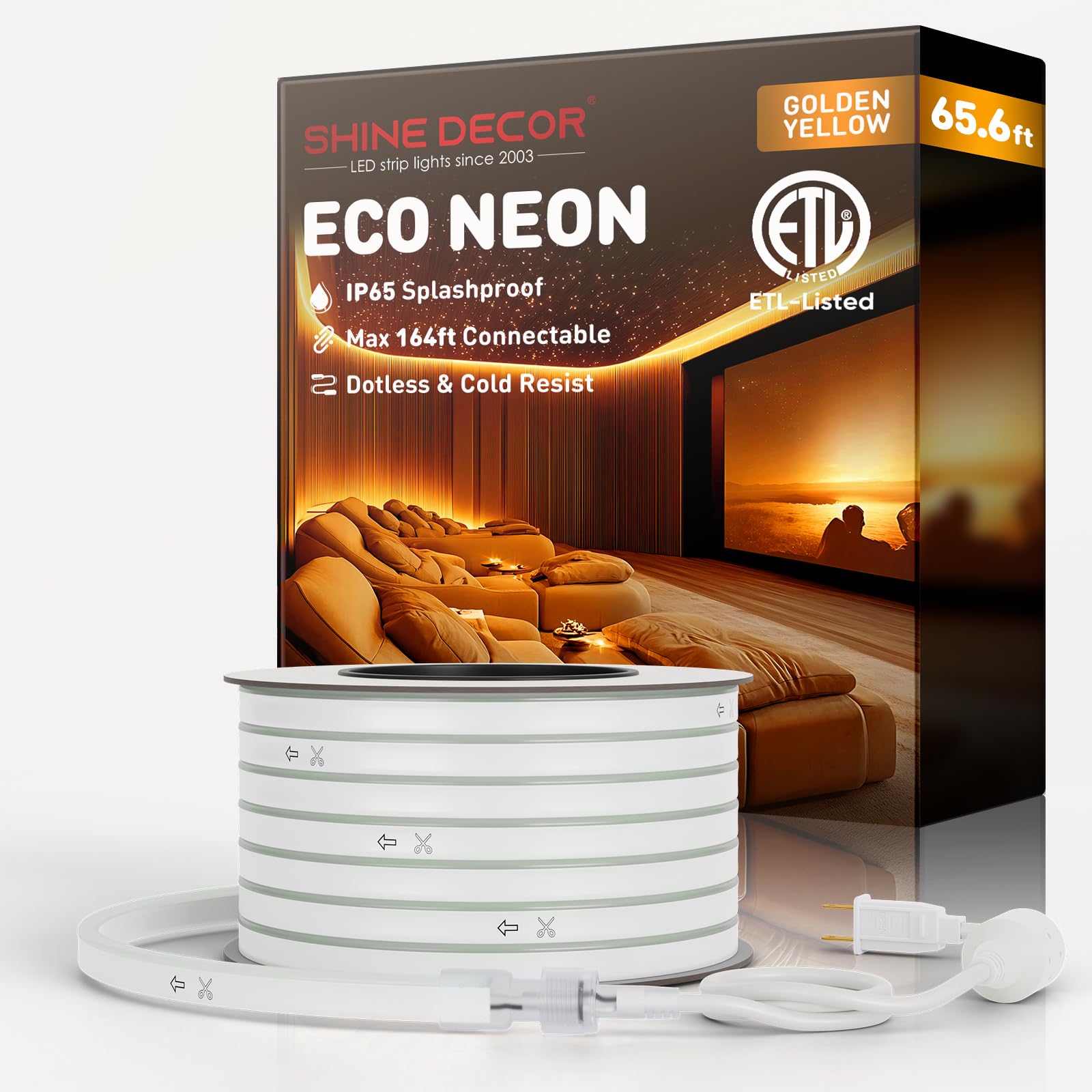 Shine Decor LED Neon Rope Lights, 65.6FT Amber Golden Yellow, Waterproof PVC, ETL Plug&Play for Home Commercial Use