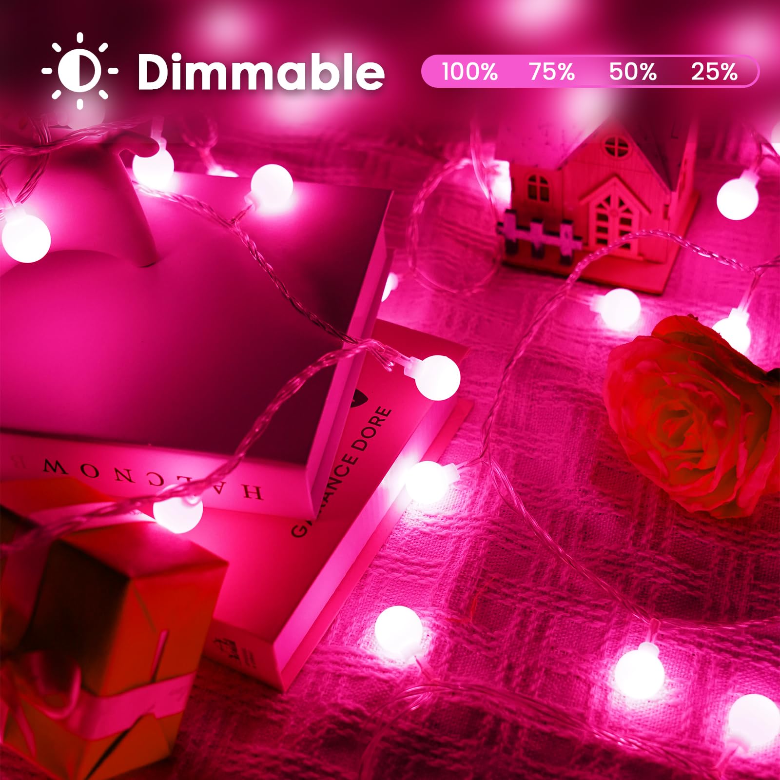 LORRYTE 100 LED Pink Globe String Lights, 43FT Connectable, Waterproof, 13 Modes, Indoor/Outdoor, Model GP-SW290DC0209-IP44