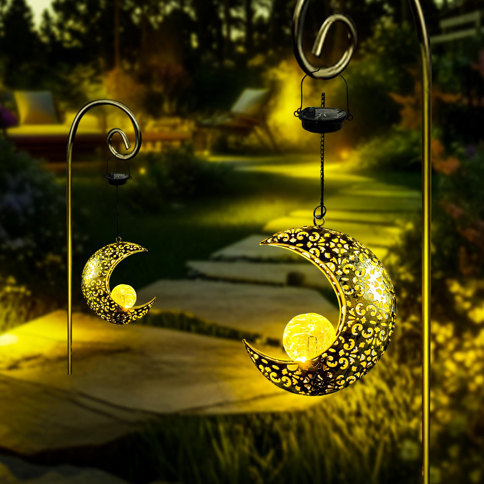 Qcf Solar Garden Hanging Moon Lights Outdoor Decor 2 Pack Metal Lanterns Art Decorations For Outside Yard Lawn Patio Wall Fences Driveway Trail Unique Housewarming Gardening Gifts For Women Mom