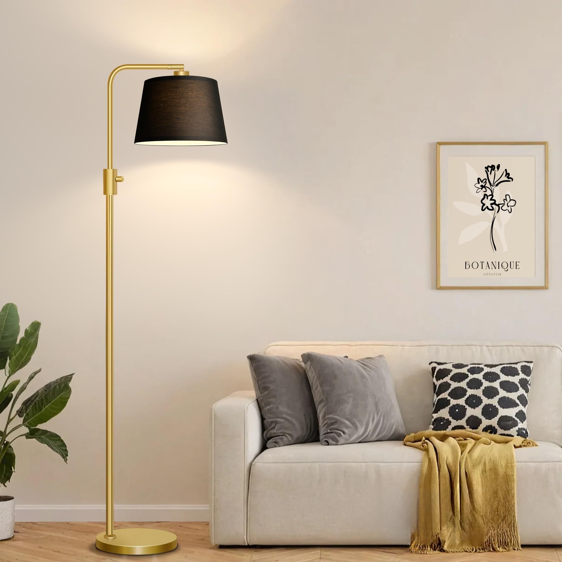 Nintiue Dimmable Arc Floor Lamp with 1000 LM LED Bulb, 65 inches, Gold-Black Shade, Model FL16886, Metal Construction