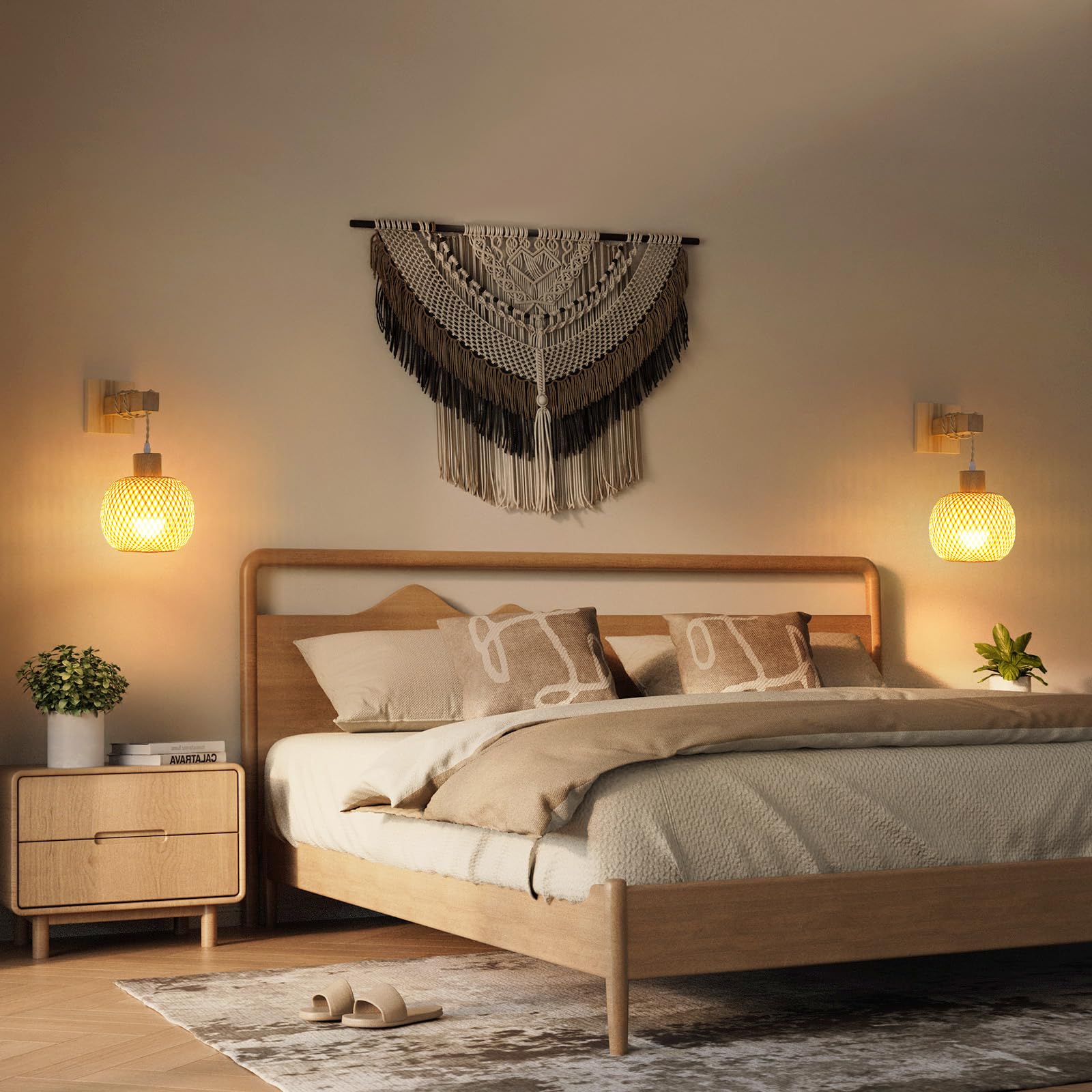 Glitnous Wall Sconces Set of Two, Battery Operated Rattan Lanterns, Wireless Light for Bedroom, Wood-Brown Rattan, Model BLA01245901
