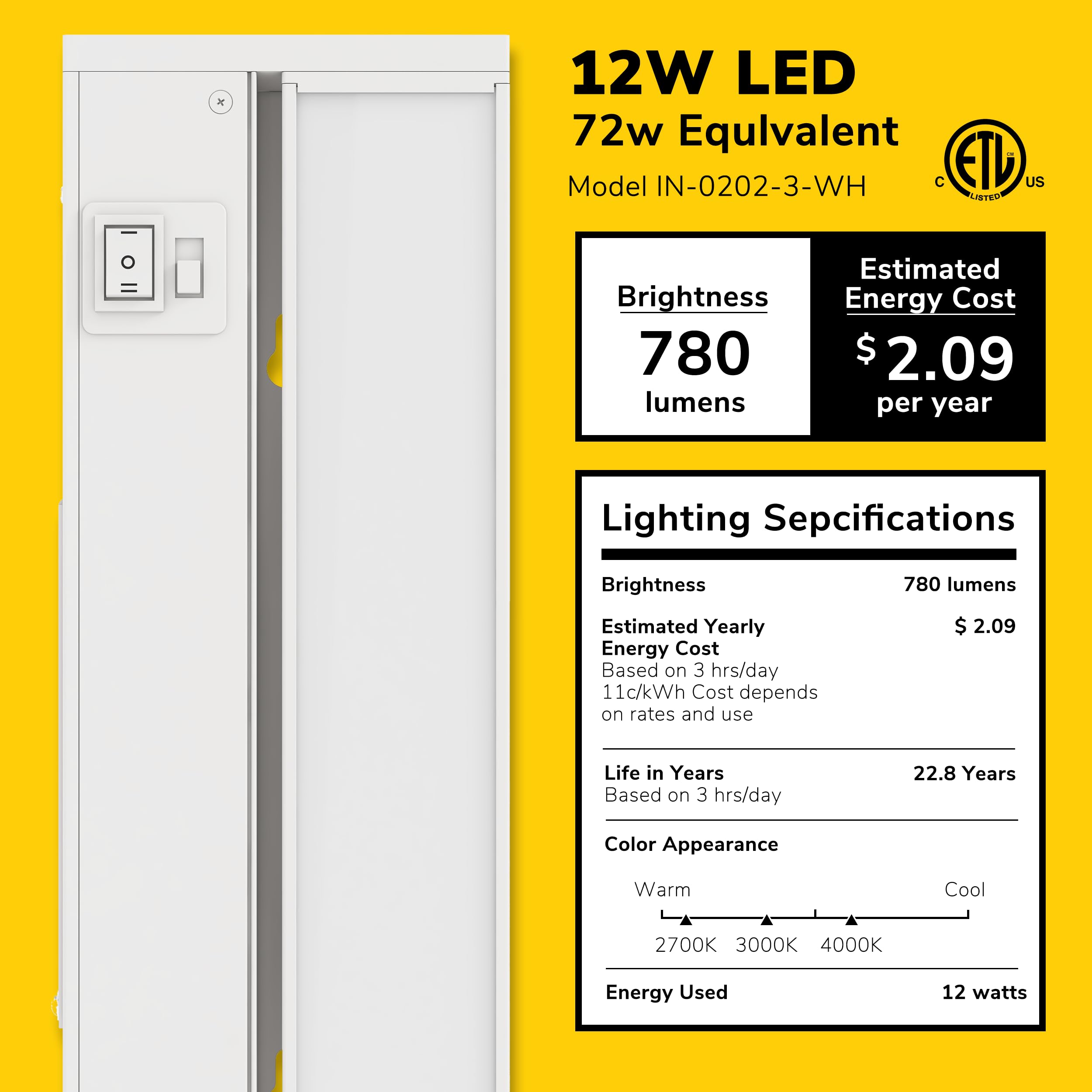 Getinlight 24-Inch Swivel Led Under Cabinet Lights, Glass Lens, Selectable White 2700K/4000K/5000K, Dimmable With Wall Dimmers,