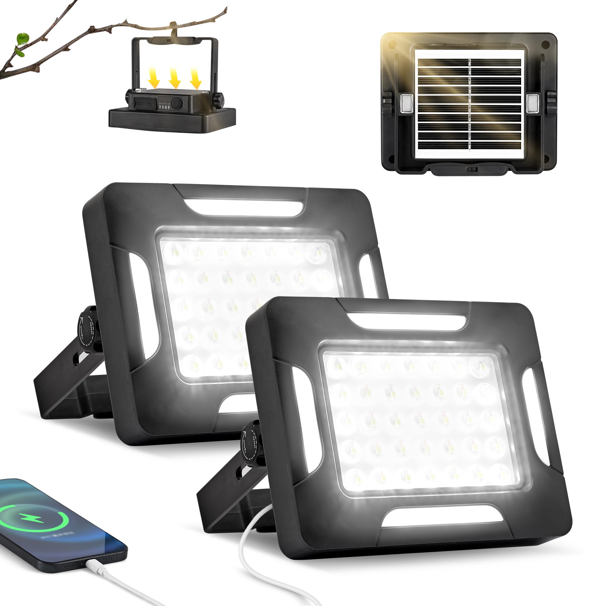 LED Solar Portable Camping Lights with Stand dimmable  2000LM  Solar Rechargeable Work Lights with Magnetic IP67 Waterproof  5 Light Modes Portable Flood Light  Camping Lantern for Indoor Outdoor