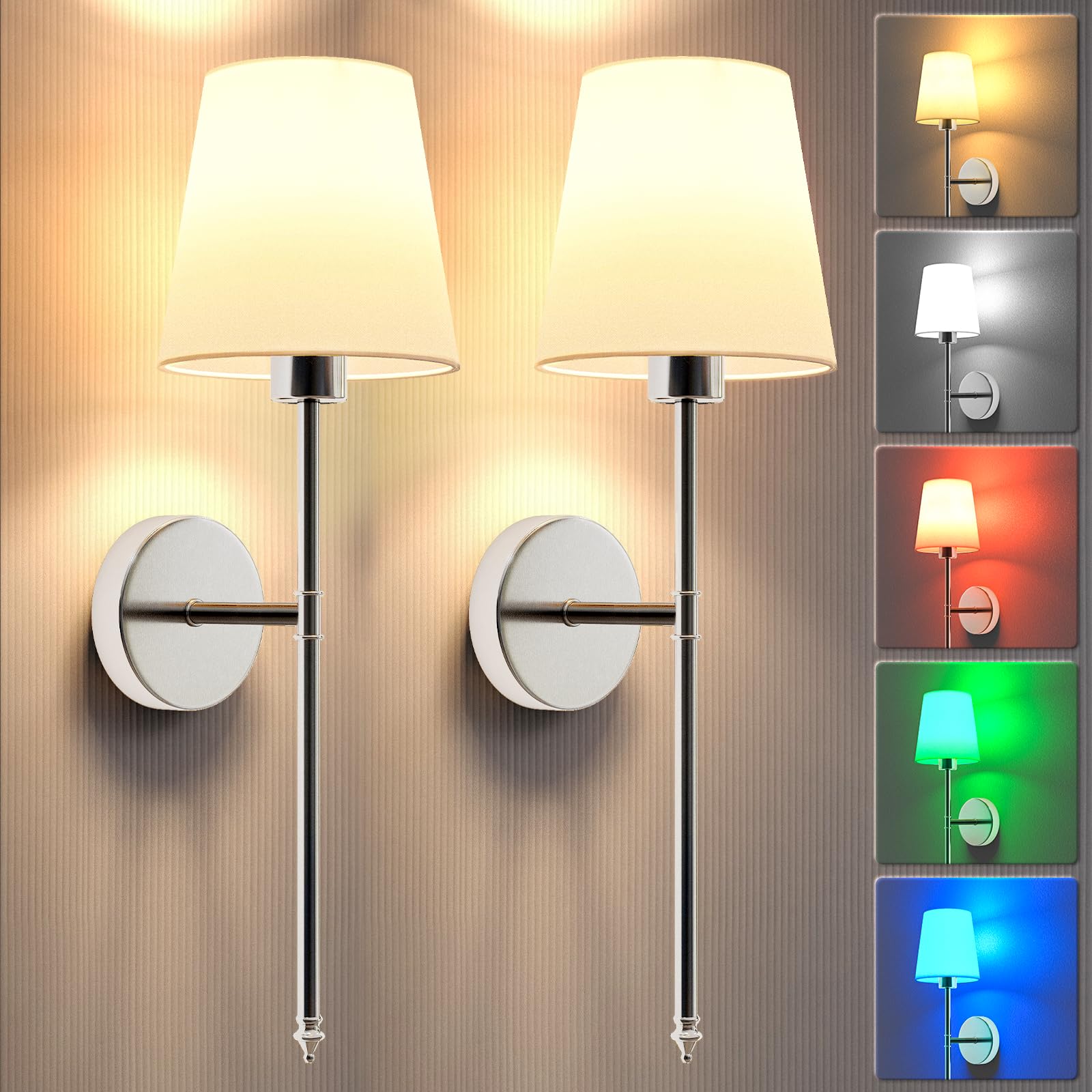 Jofios Wall Lights Battery Operated Wall Sconces Set Of 2,Silver Wireless Wall Sconces With Remote,9 Colors Modes Rechargeable W