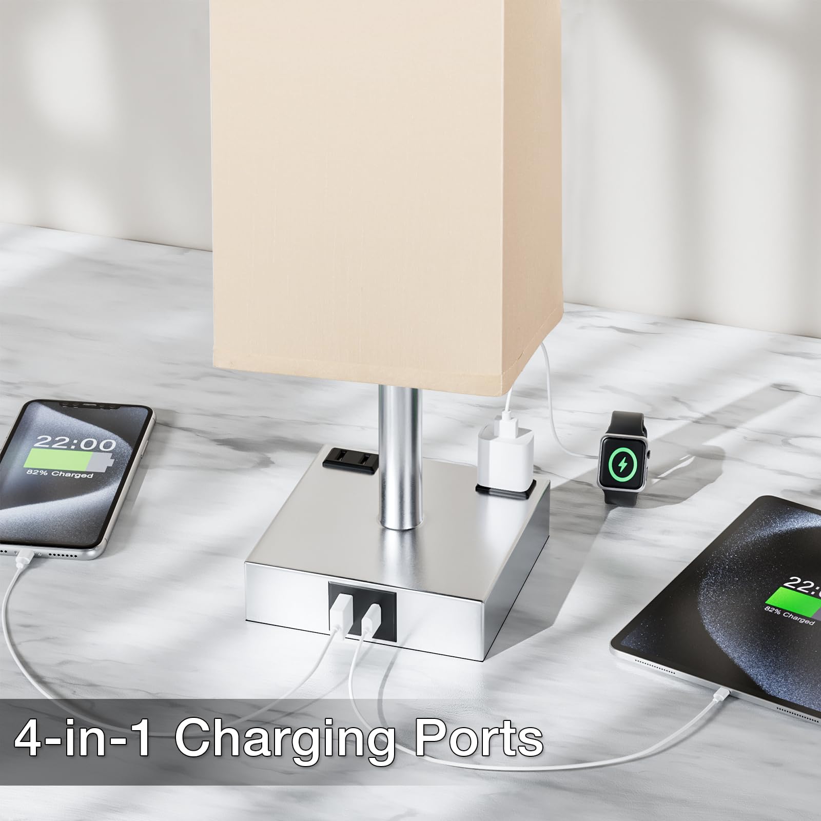 Aooshine Touch Bedside Table Lamp - 3-Way Dimmable, USB A & Type C Ports, AC Outlets, 14in, Blanched Almond & Silver, Model