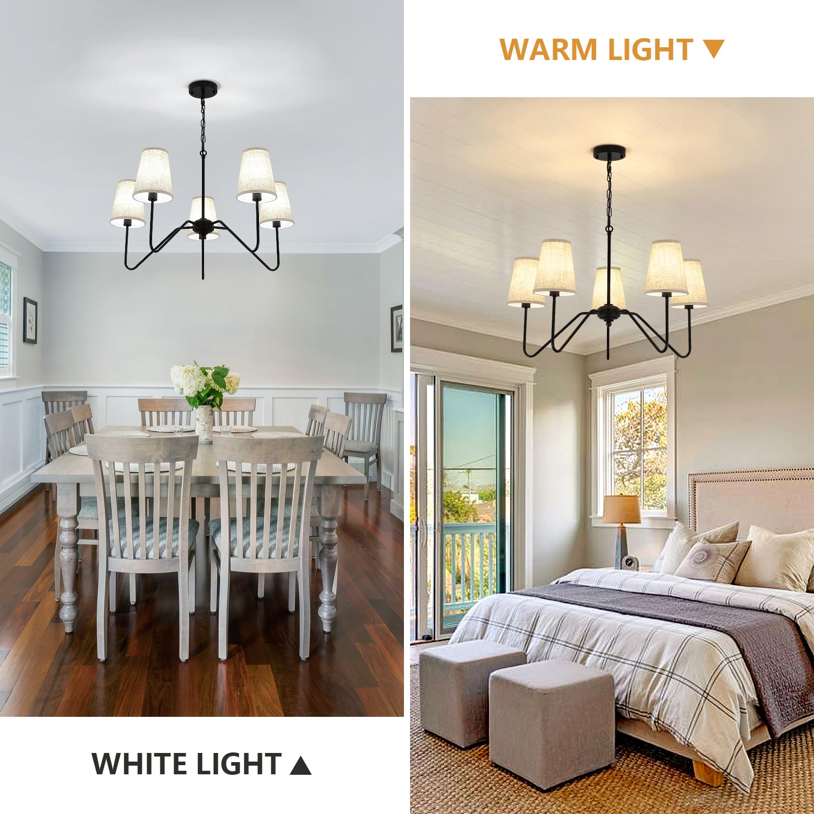 Jsdorsy Chandelier With Linen Shade  Black Dining Room Light Fixtures Over Table  Classic Pendant Light Fixtures Ceiling Hanging Lighting For Living Room Bedroom  5-Arm  30 Dia
