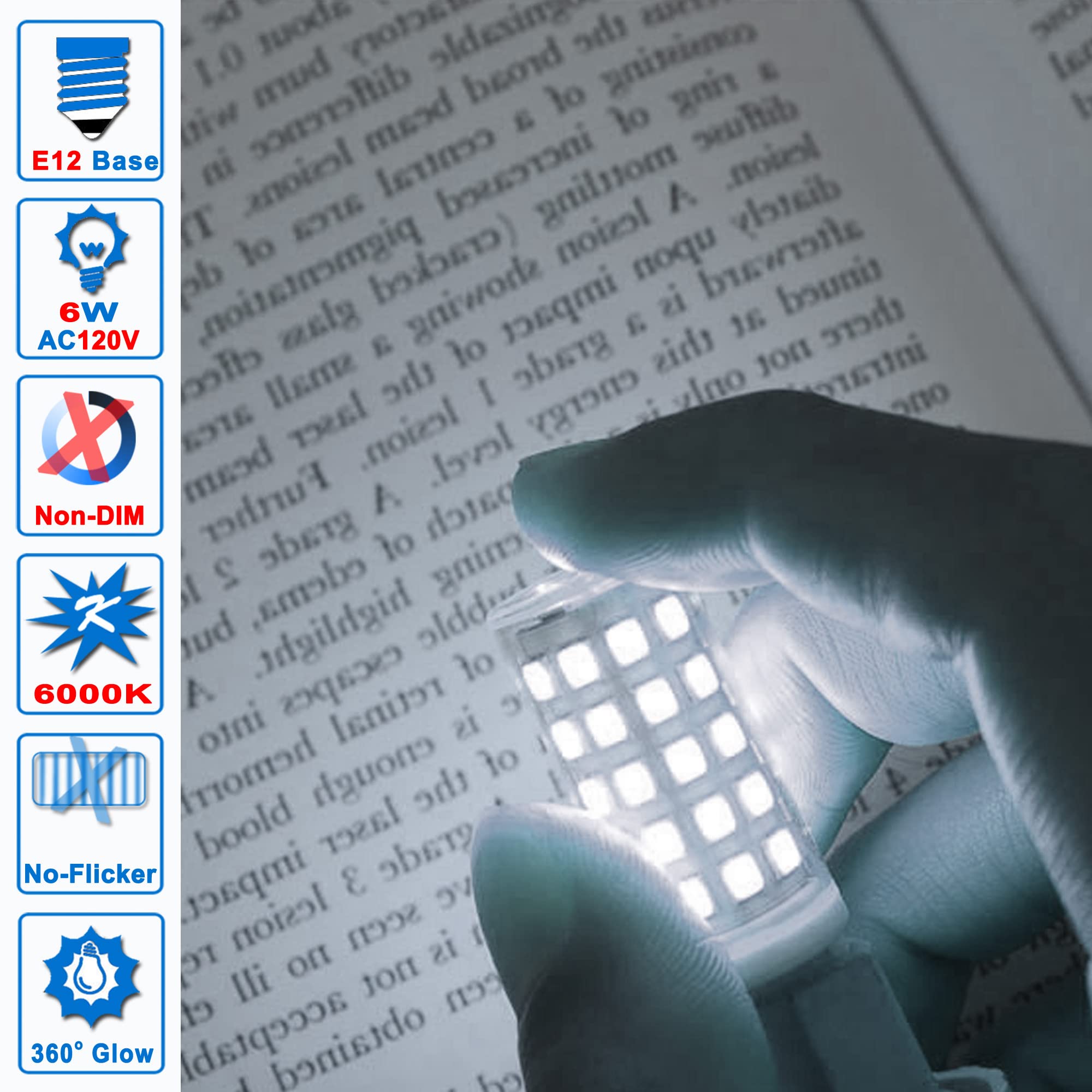 Ziomitus E12 Led Candelabra Chandelier Bulbs 6W 6000K Daylight White, Kx-2000 60W E12 C7 Halogen Replacement,T6 Small Base 120V