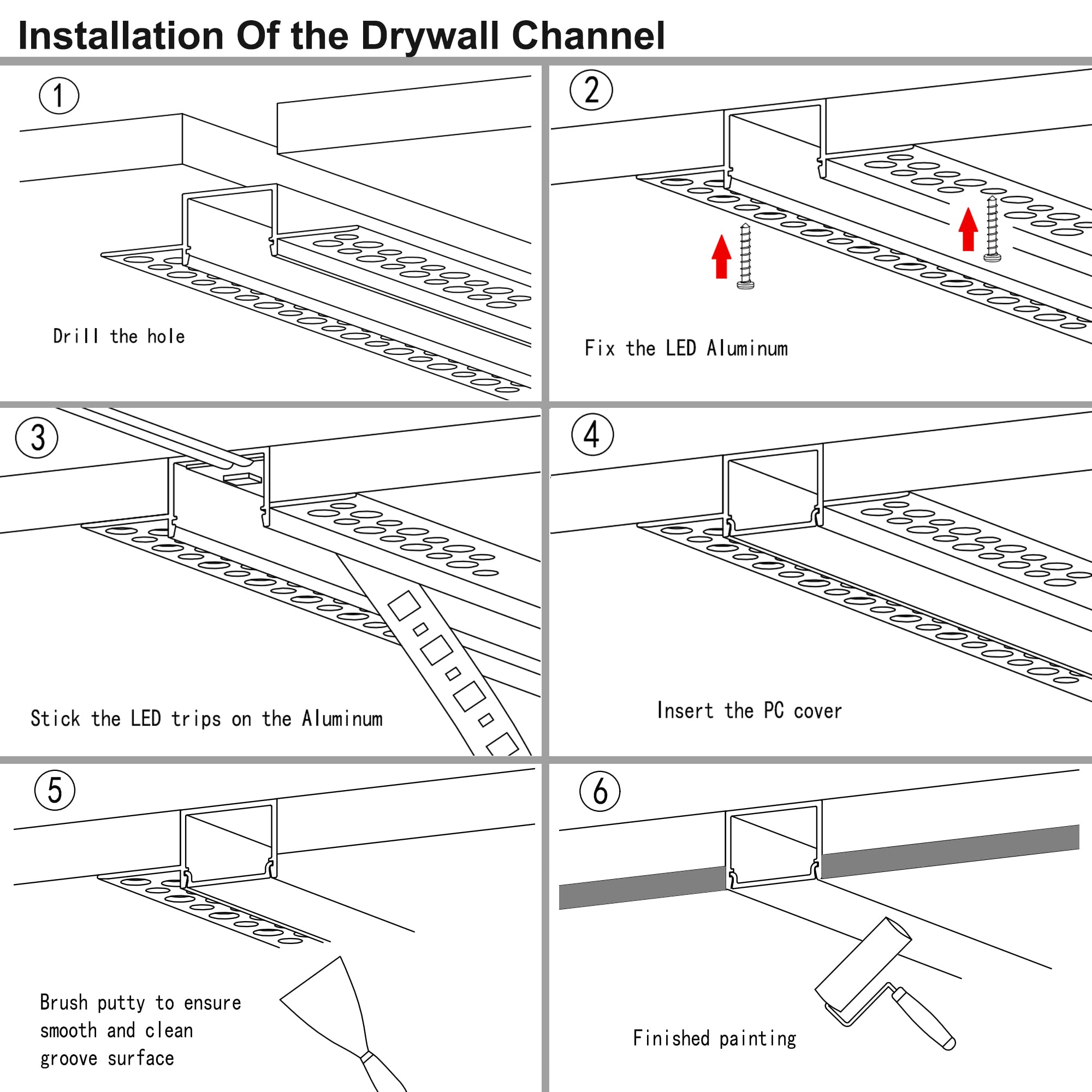 hunhun 10-Pack 6.6ft Drywall LED Aluminum Channel System with Milky Cover - White, Double-Edge, Includes End Caps & Mounting Clips
