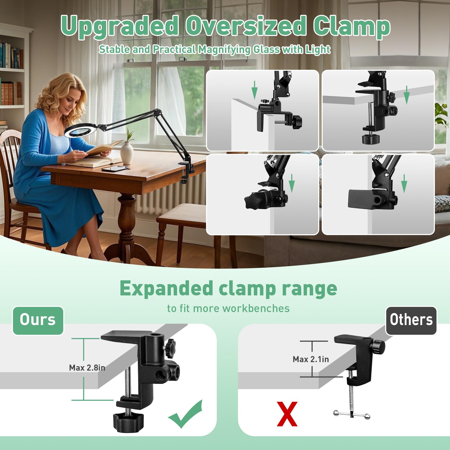 Kmdes 12X Long Arm Magnifying Glass With Light, 5 Color And Brightness Led Desk Lamp With Large Clamp, Hands Free Magnifier Ligh