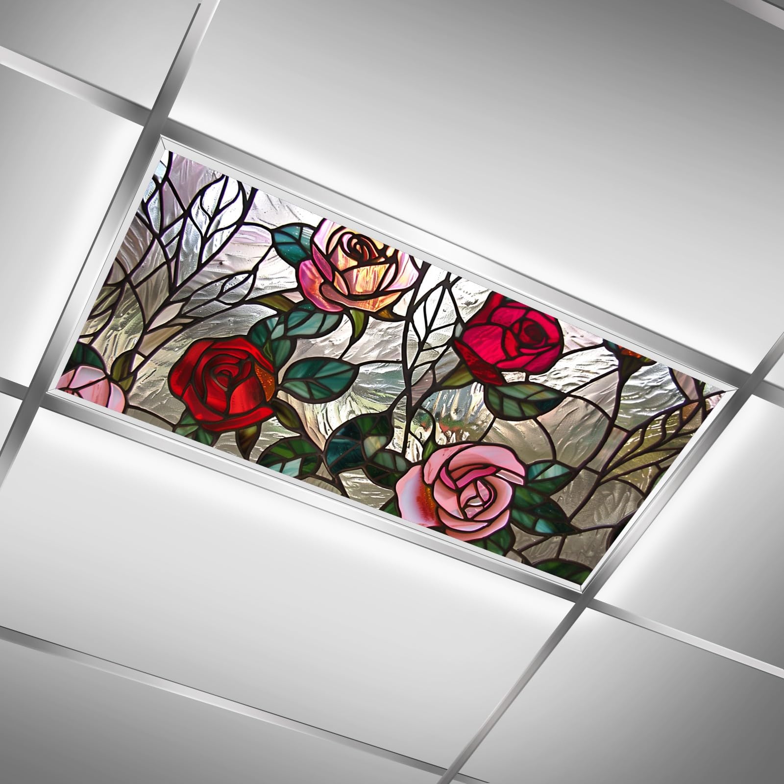 MSINMKOK Fluorescent Light Covers for Ceiling Lights Classroom Office 4x2ft Stained Glass Pink Roses Decorative Drop Ceiling Lig