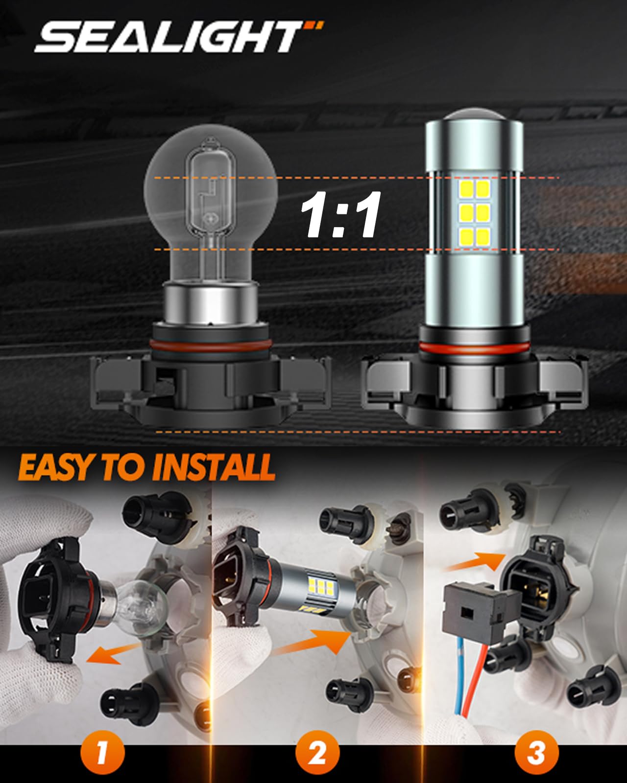 SEALIGHT 5202 LED Fog Light Bulbs, 6000K White, 27 SMD Chips, 1:1 Design, Pack of 2