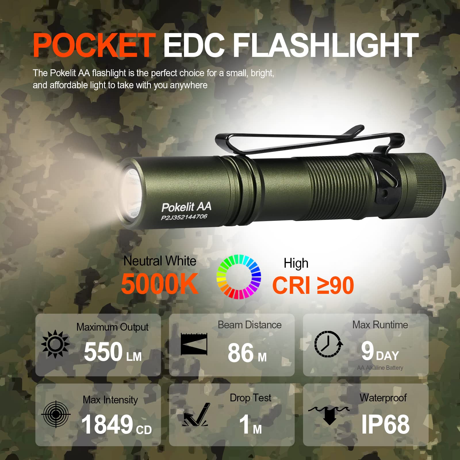 ACEBEAM Pokelit AA Rechargeable Mini Flashlight, 550 Lumens, Aluminum, Dark Green, EDC for Camping & Hiking