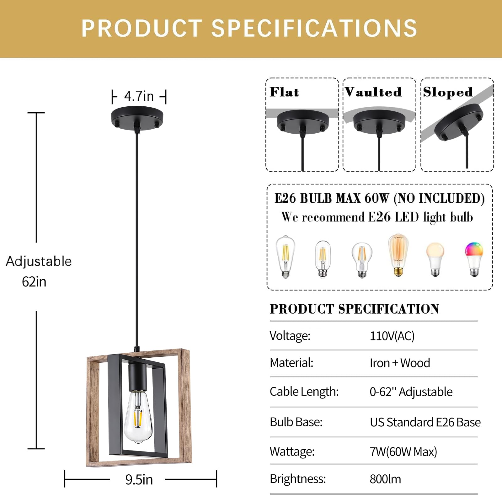9MMML Industrial Pendant Light, Wood & Metal, 1 Light E26 Fixture, 9.5 inch, Farmhouse Style for Kitchen, Dining Room, Hallway