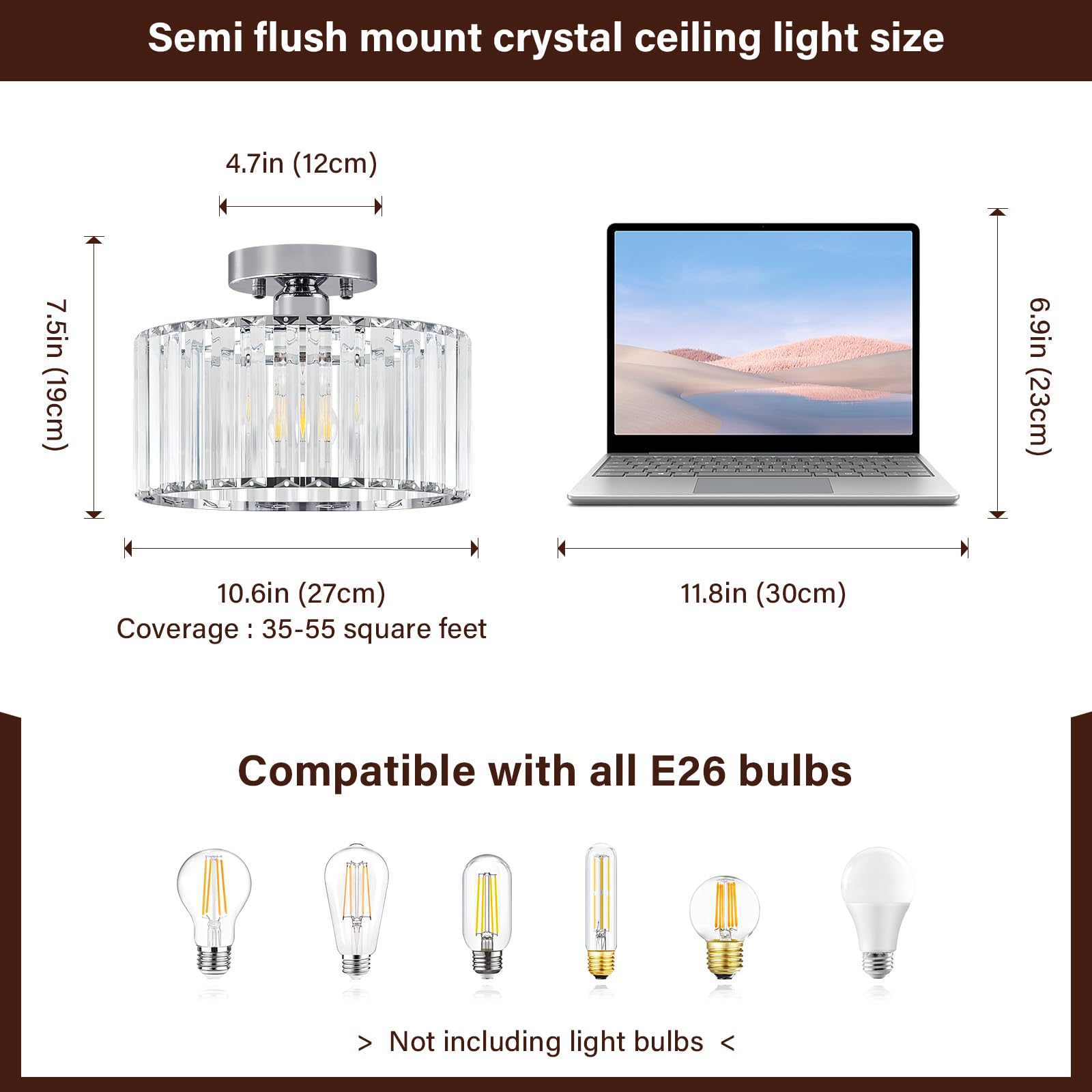 Pevfah Crystal Chrome Ceiling Light, Modern Semi Flush Mount Ceiling Lighting Fixture, Round Hallway Ceiling Lights For Bathroom