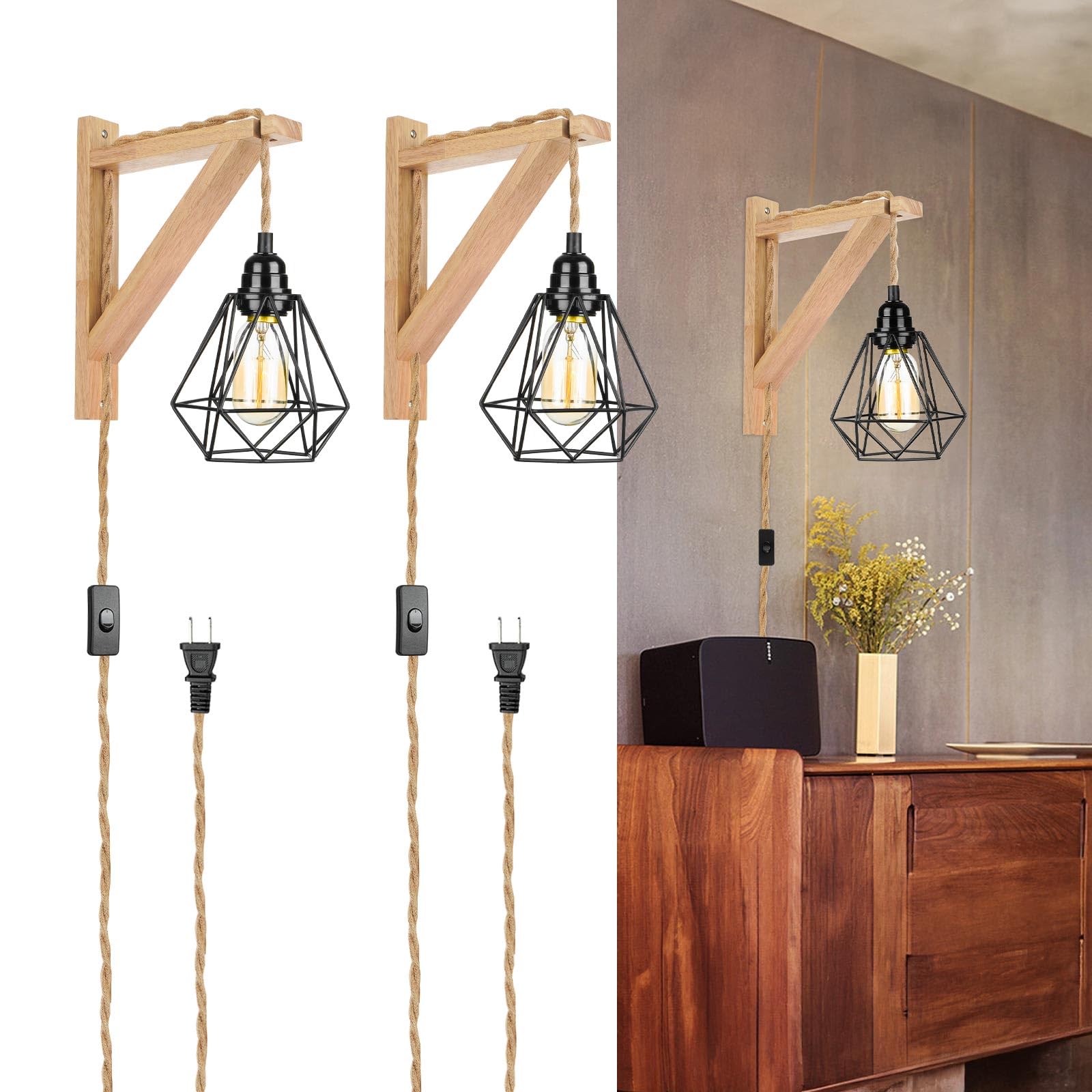 FRIDEKO Wood Plug-in Wall Sconces, 2-Pack Rustic Lamps with 8.21FT Cord, Black
