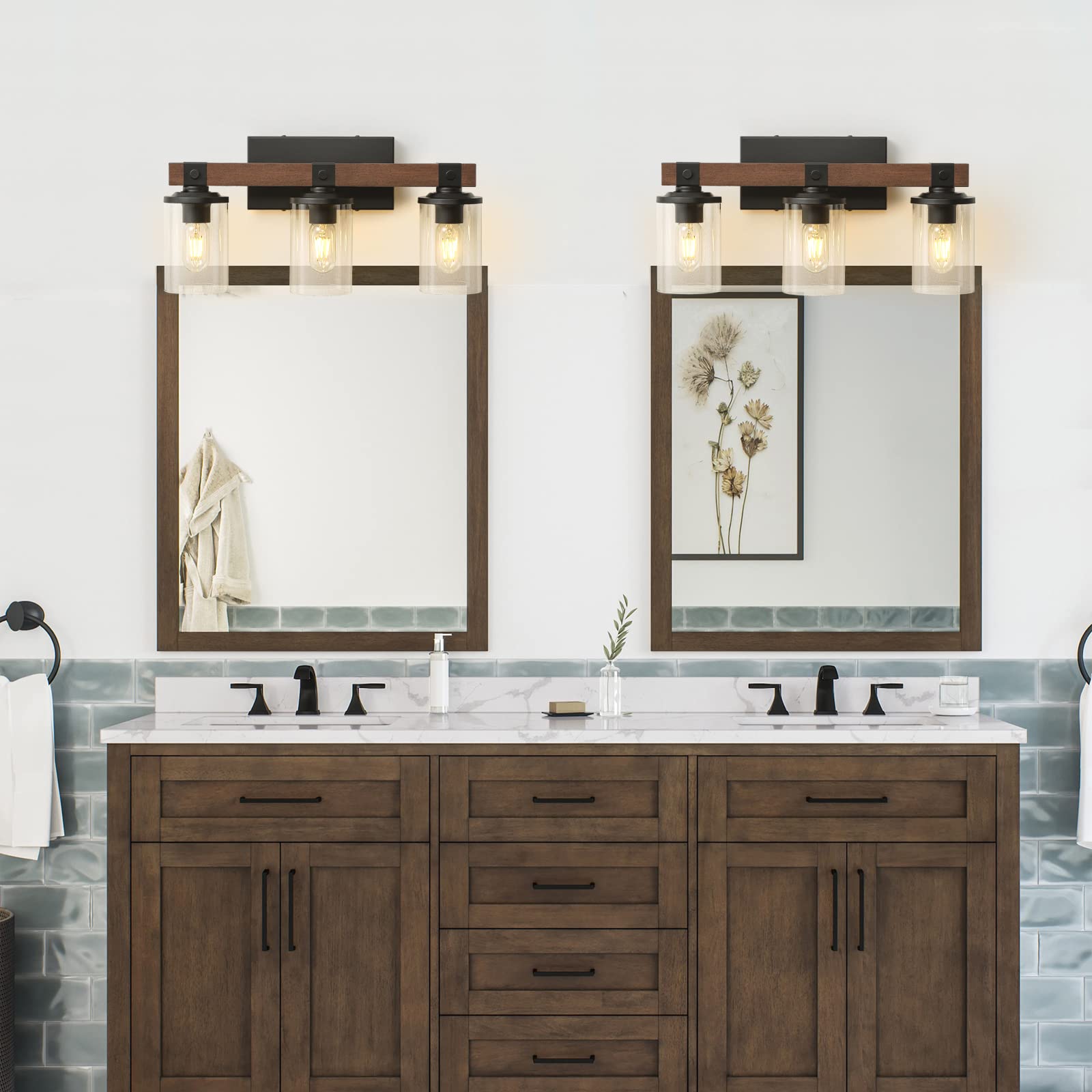Goyeel 3-Light Rustic Bathroom Vanity Light Fixture, Antique Wood With Clear Glass Shade