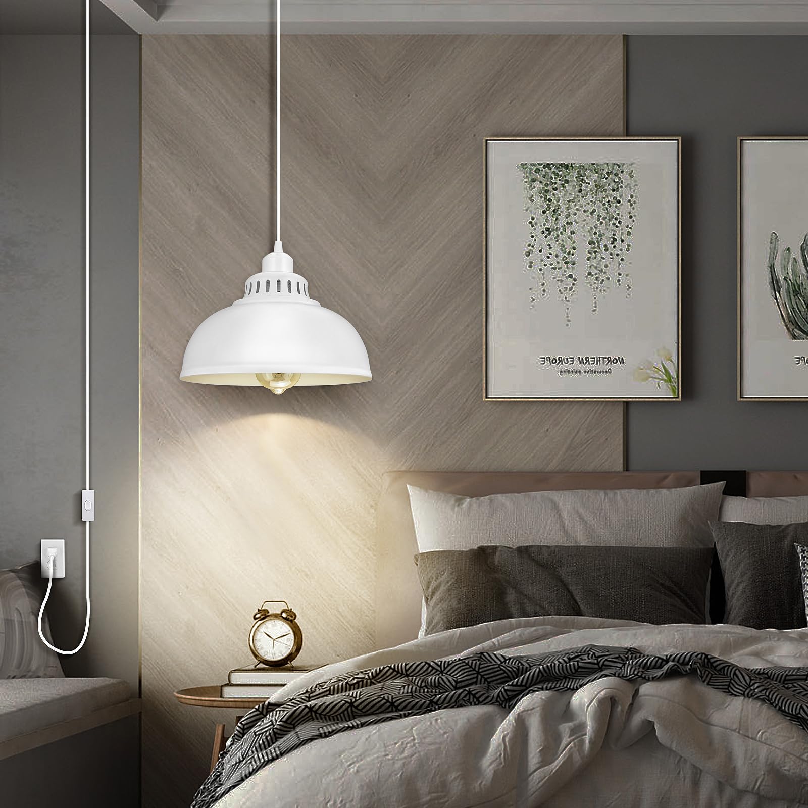 SoodMi Plug-in Pendant Light - 15FT Industrial Metal Hanging Lamp, Big White, with On/Off Switch, Model PLDG-0015 for Living Room & Kitchen