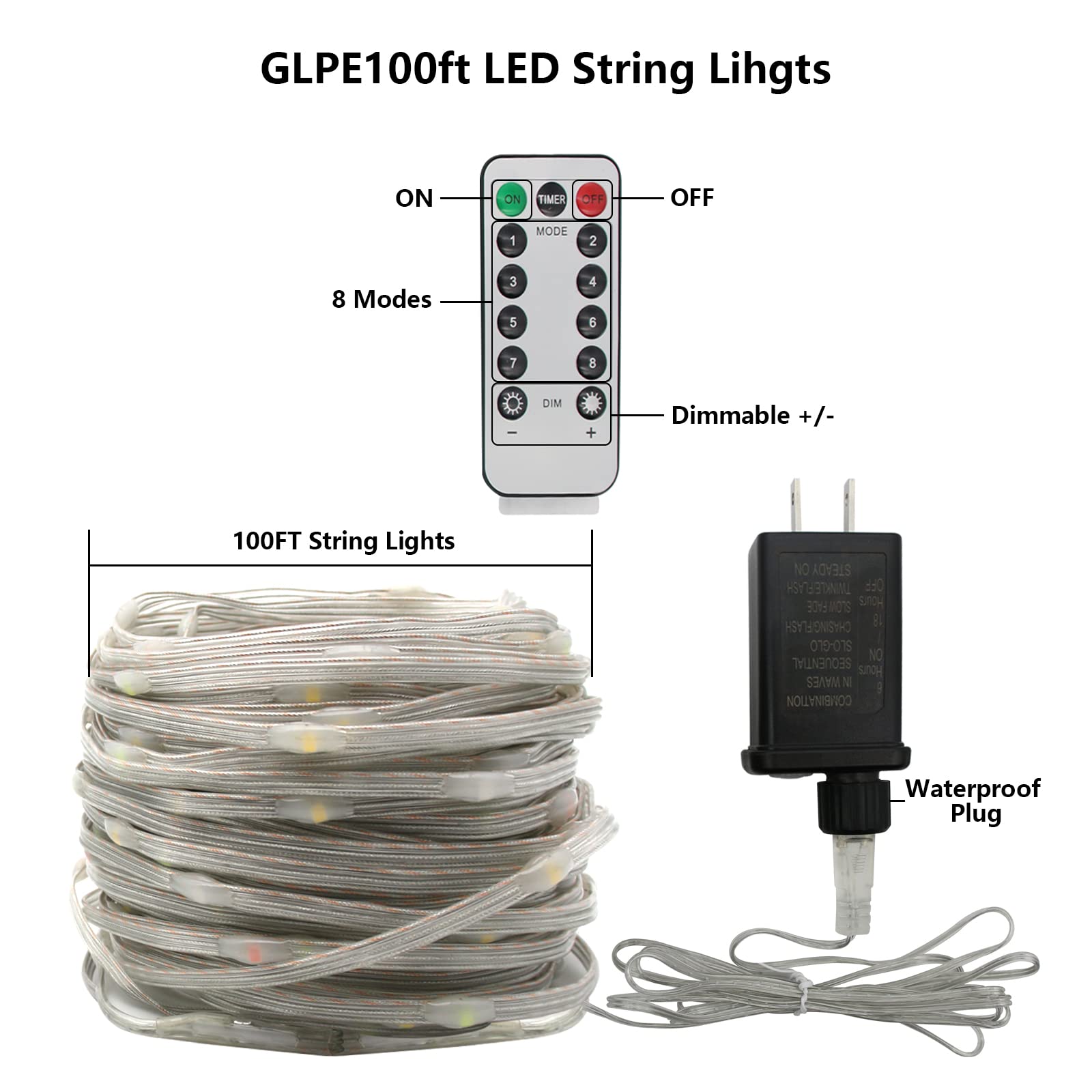 Glpe 100Ft 300 Led String Lights Plug In, Waterproof Warm White String Lights For Indoor Outdoor, 8 Modes Fairy Lights For Bedro