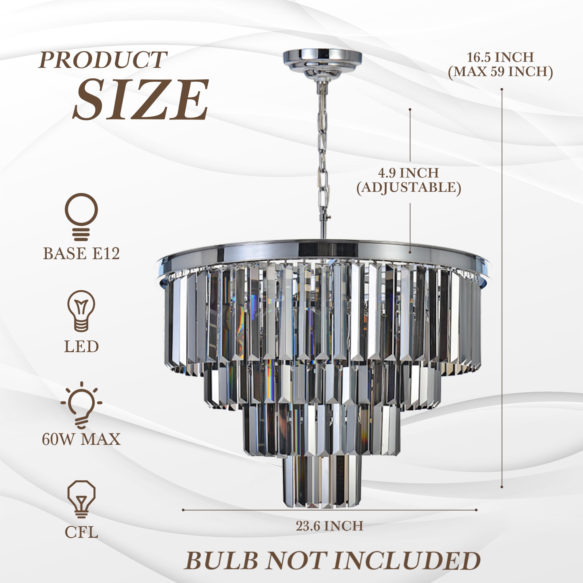 Meelighting Luxury Chrome Smoke Crystal Modern Contemporary Chandeliers Pendant Ceiling Light 4-Tier Chandelier Lighting For Dining Room Living Room Bedroom Girls Room W23.6
