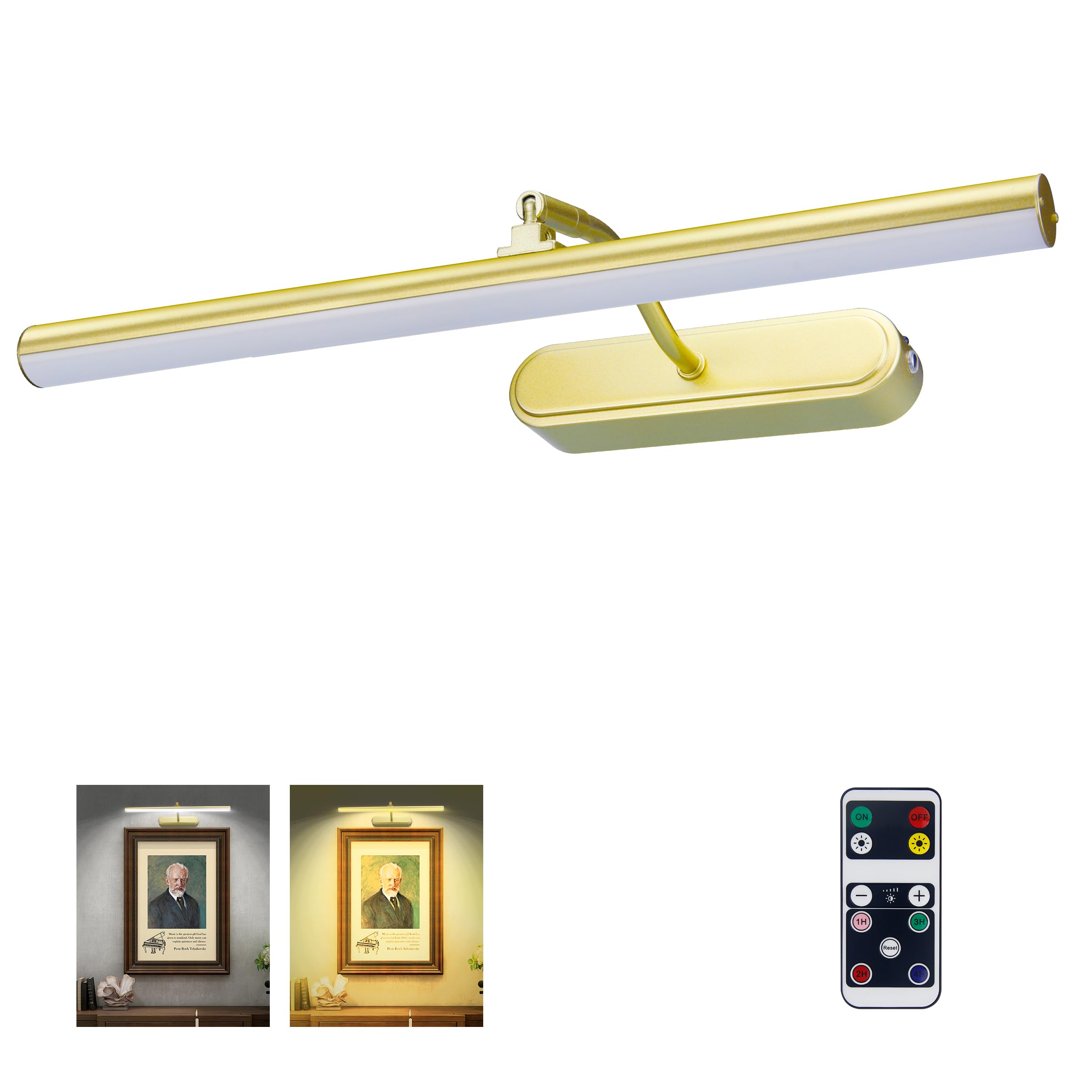 RAIFOOLLY Picture Light, Wireless Art Light with Remote Control, 16inch, Gold, Model RF00300, Dimmable Timer Option