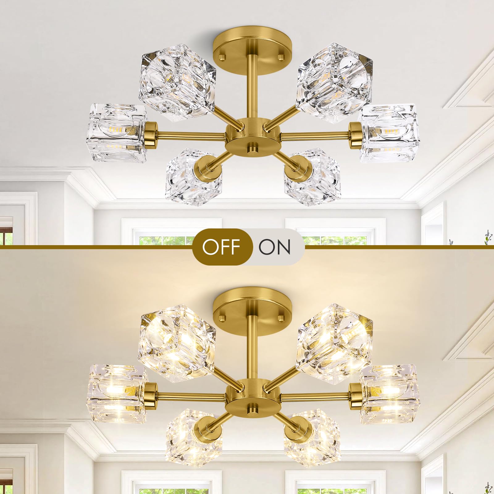 Modern Crystal Chandelier, 6-Light Gold Flush Mount Ceiling Light, 17.3'' Sputnik Chandelier Light Fixture With K9 Crystal Shade