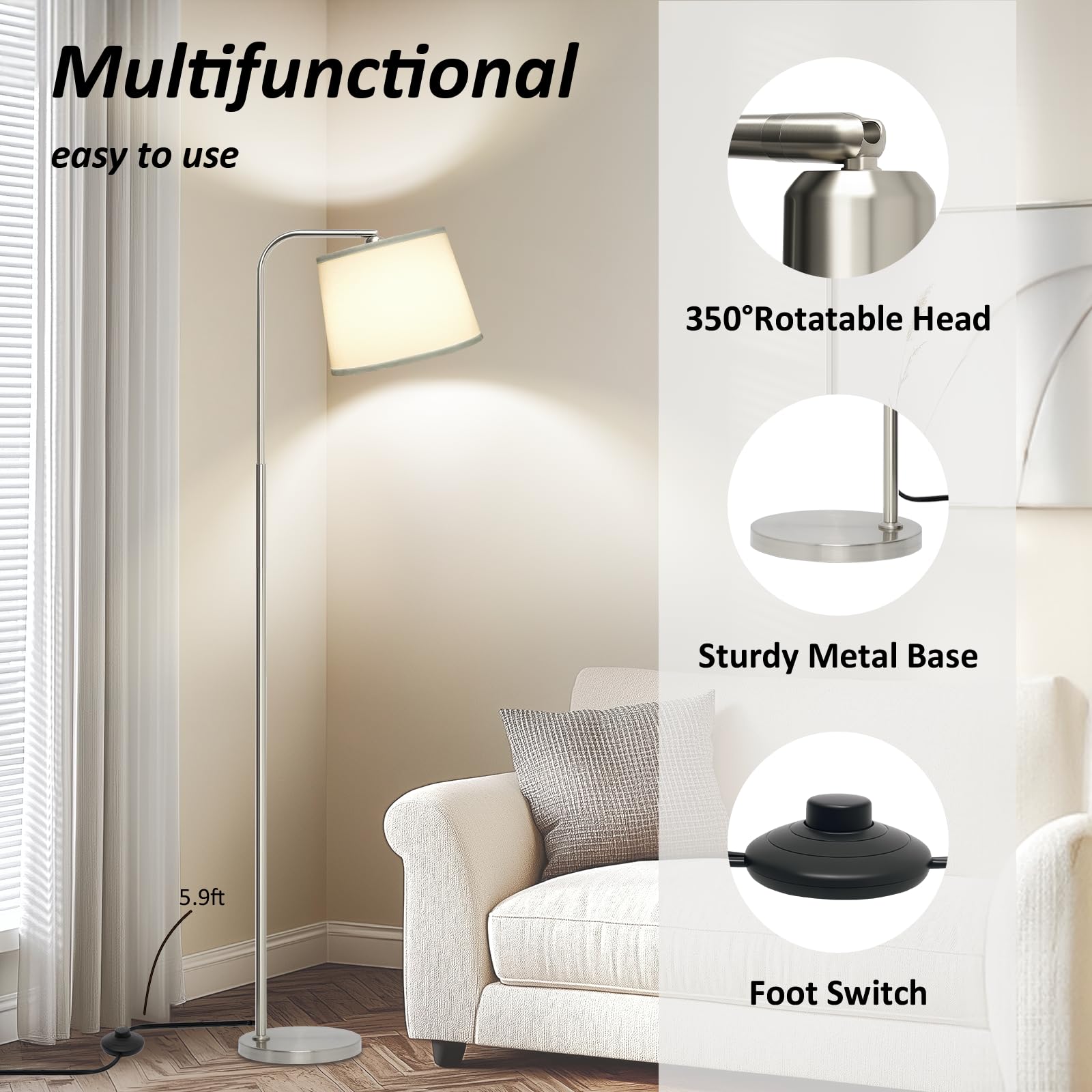 AKASUKI Floor Lamp with 3 Color Temperatures, 21.46inD x 12.01inW x 65.35inH, Metal, Silver Base - White Shade, Model LT