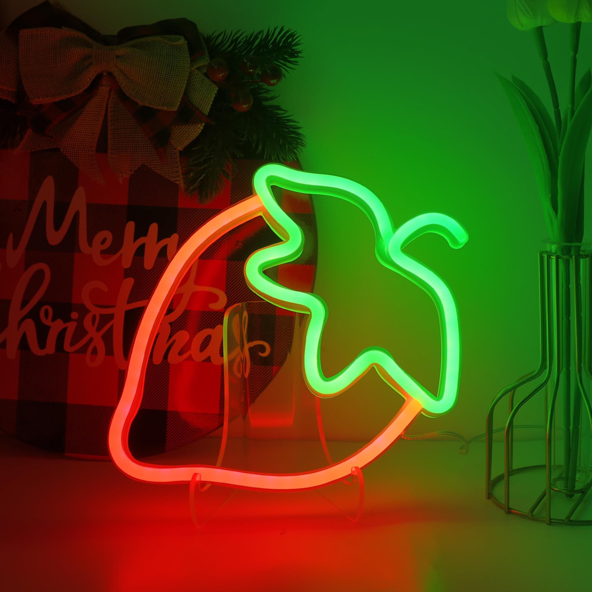 Enuoli Strawberry Neon Sign Red Green Color Led Sign Fruit Shape Neon Light For Bedroom Wall Decor, Strawberry Led Neon Light, B
