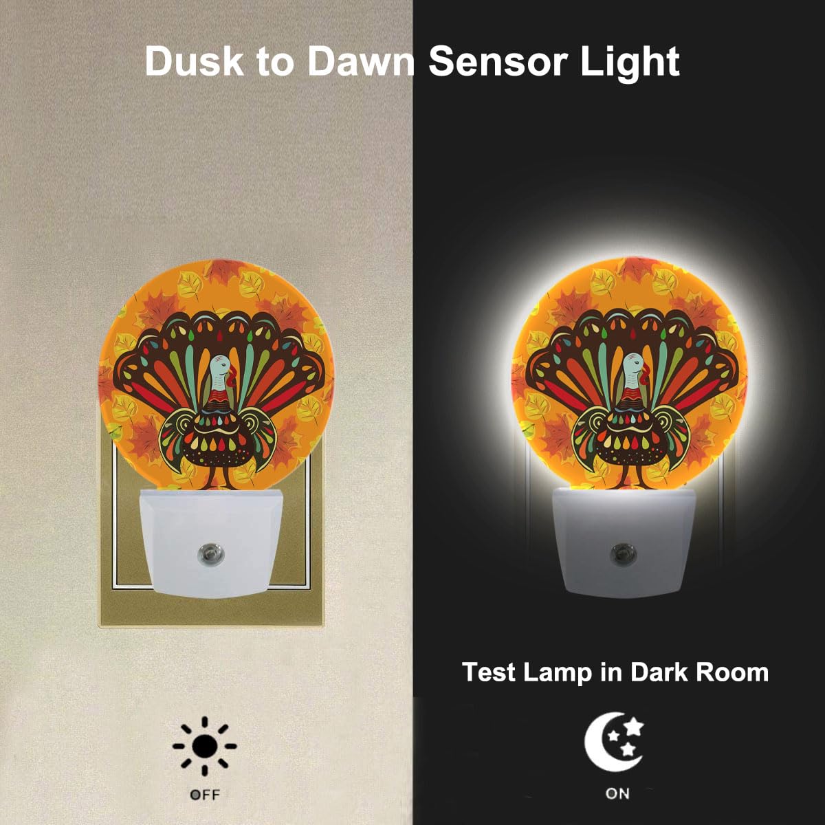 Ekobla Happy Thanksgiving Night Lights Plug Into Wall Turkey Chicken Fall Autumn Red Orange Maple Leaves Led Dusk To Dawn Night