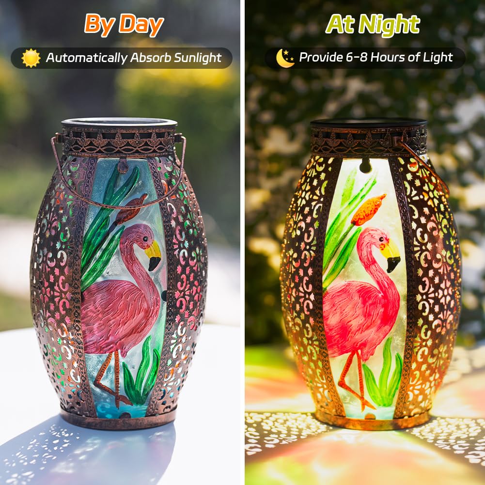 Sunnygarden Flamingo Hanging Solar Lantern Waterproof Outdooor, Metal & Glass Large Solar Lights Garden Table Yard Decor Farmhou
