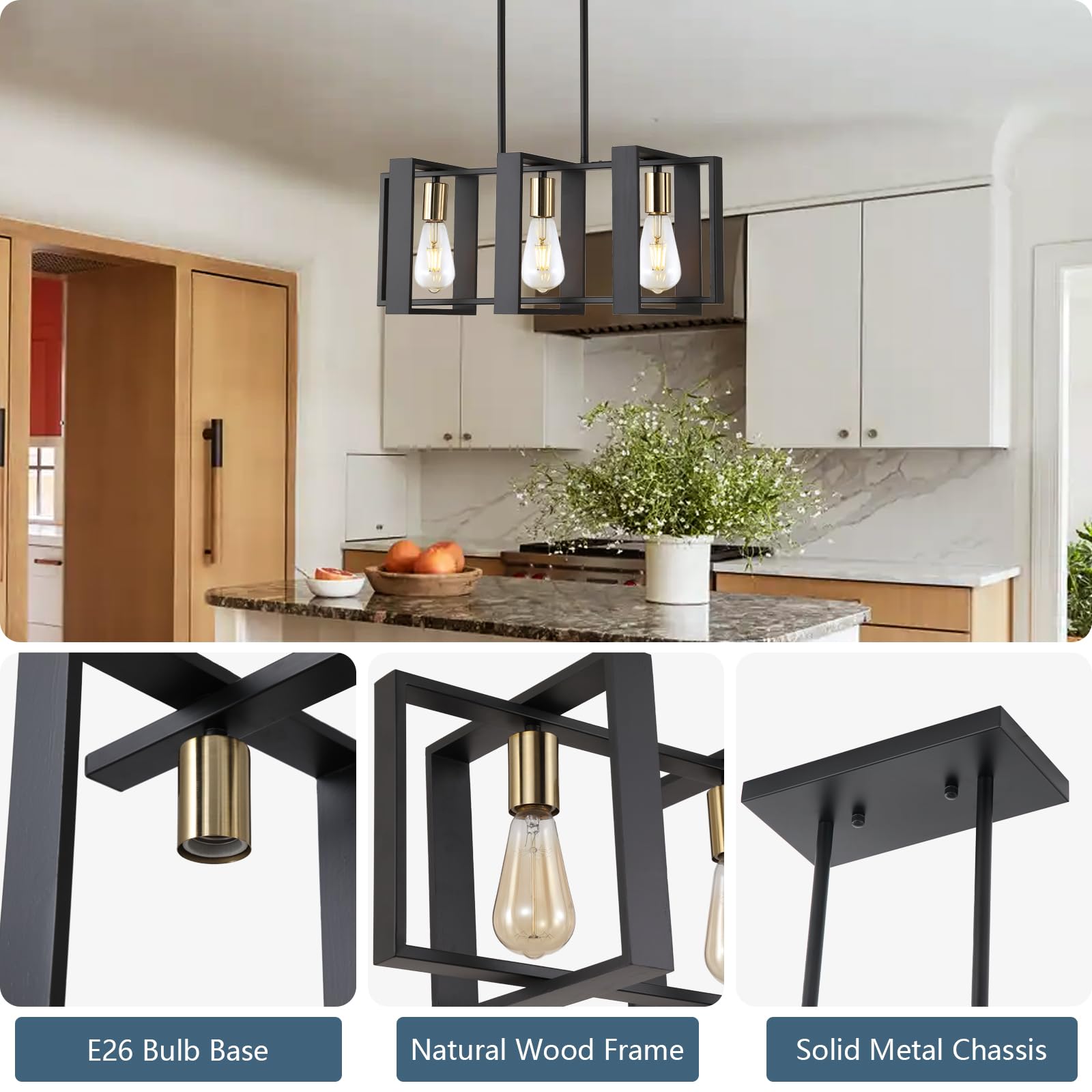 23.6'' Island Lighting,3 Lights Dining Room Chandelier, Linear Kitchen Island Lighting For Pool Table Living Room, Foyer Hallway